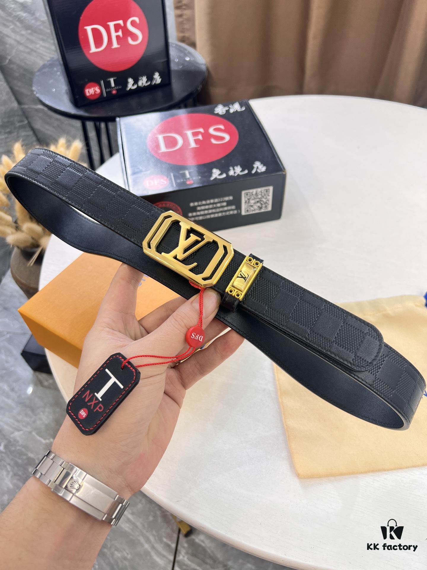 Louis Vuitton Automatic Buckle Belt, Premium Cowhide, Imported Top Layer Leather with Grid Pattern, Fine Grain Leather, 3.5cm Width, Top-Quality Business Formal Belt