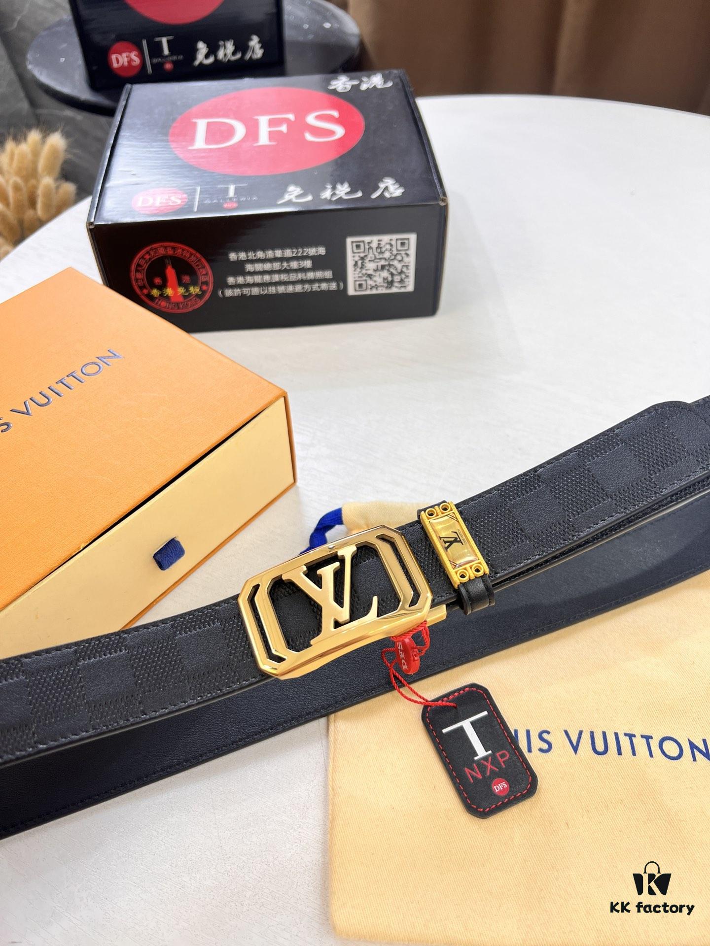 Louis Vuitton Automatic Buckle Belt, Premium Cowhide, Imported Top Layer Leather with Grid Pattern, Fine Grain Leather, 3.5cm Width, Top-Quality Business Formal Belt
