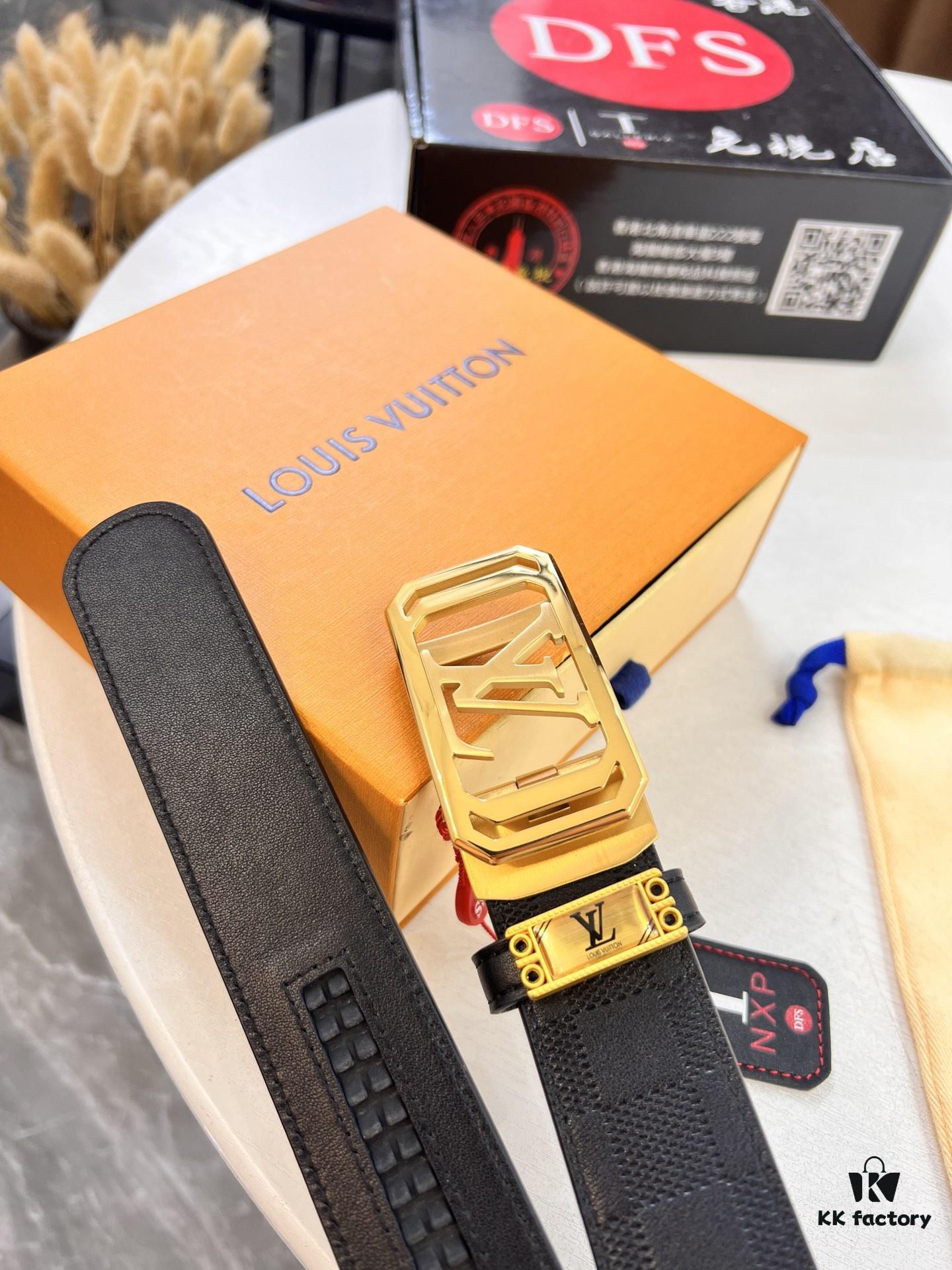 Louis Vuitton Automatic Buckle Belt, Premium Cowhide, Imported Top Layer Leather with Grid Pattern, Fine Grain Leather, 3.5cm Width, Top-Quality Business Formal Belt