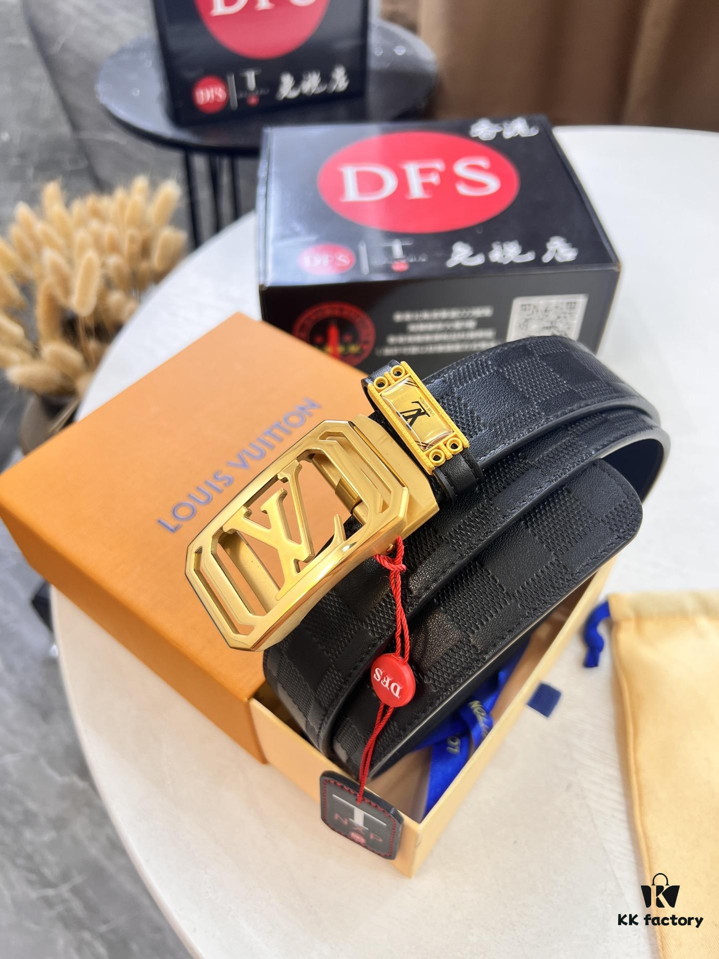 Louis Vuitton Automatic Buckle Belt, Premium Cowhide, Imported Top Layer Leather with Grid Pattern, Fine Grain Leather, 3.5cm Width, Top-Quality Business Formal Belt