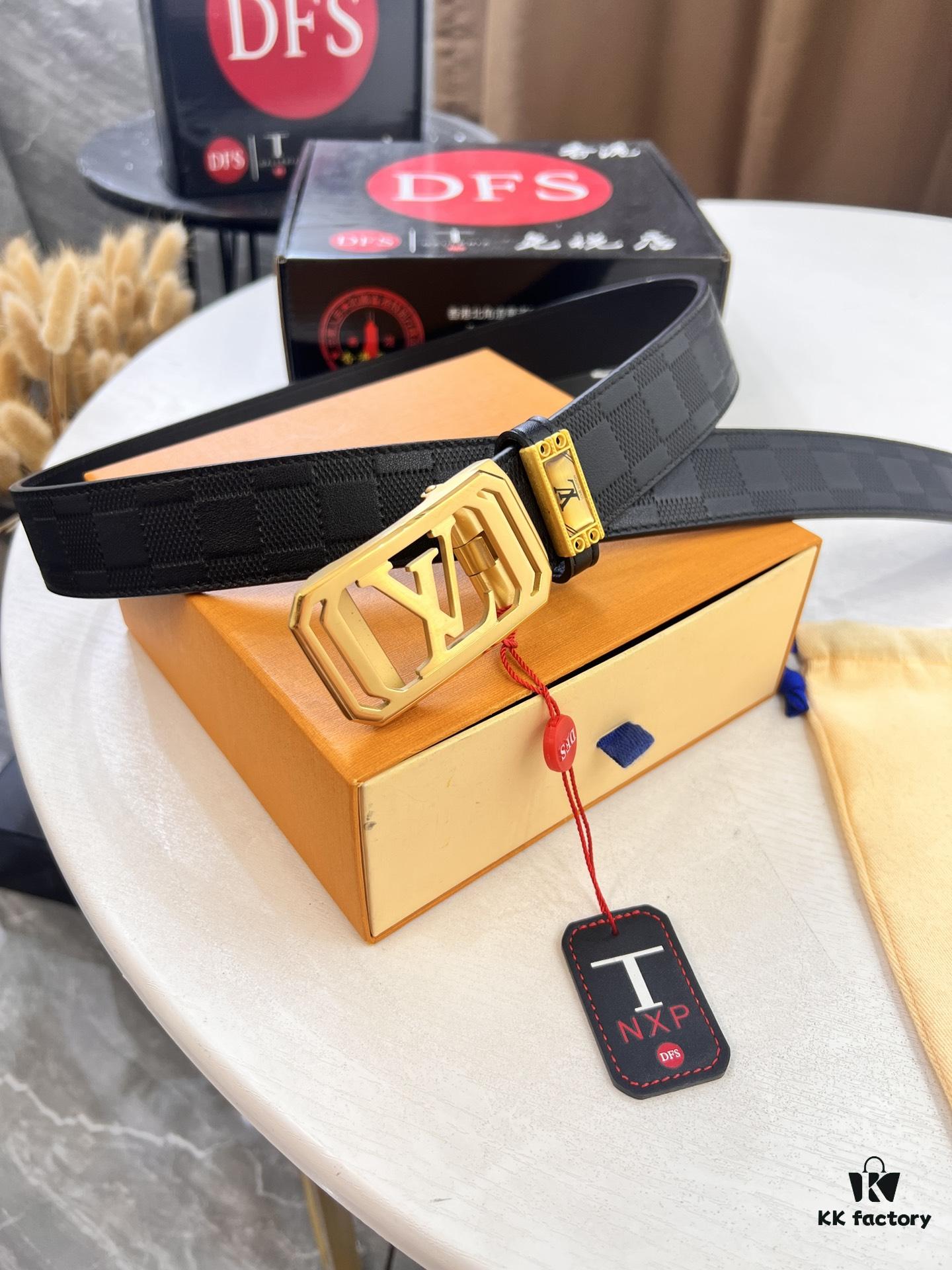 Louis Vuitton Automatic Buckle Belt, Premium Cowhide, Imported Top Layer Leather with Grid Pattern, Fine Grain Leather, 3.5cm Width, Top-Quality Business Formal Belt