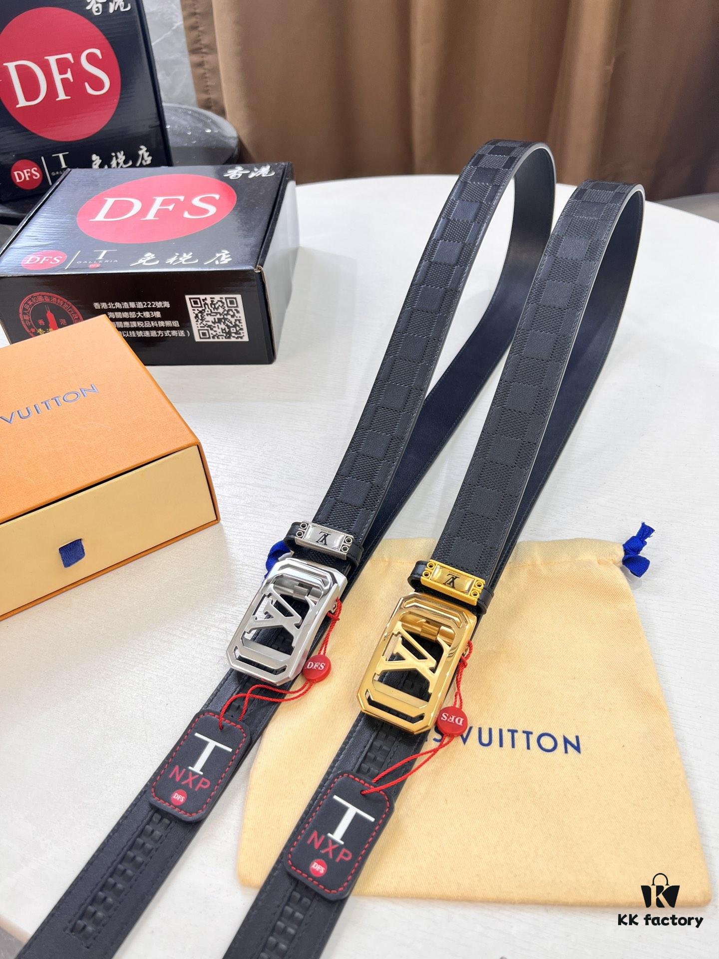 Louis Vuitton Automatic Buckle Belt, Premium Cowhide, Imported Top Layer Leather with Grid Pattern, Fine Grain Leather, 3.5cm Width, Top-Quality Business Formal Belt