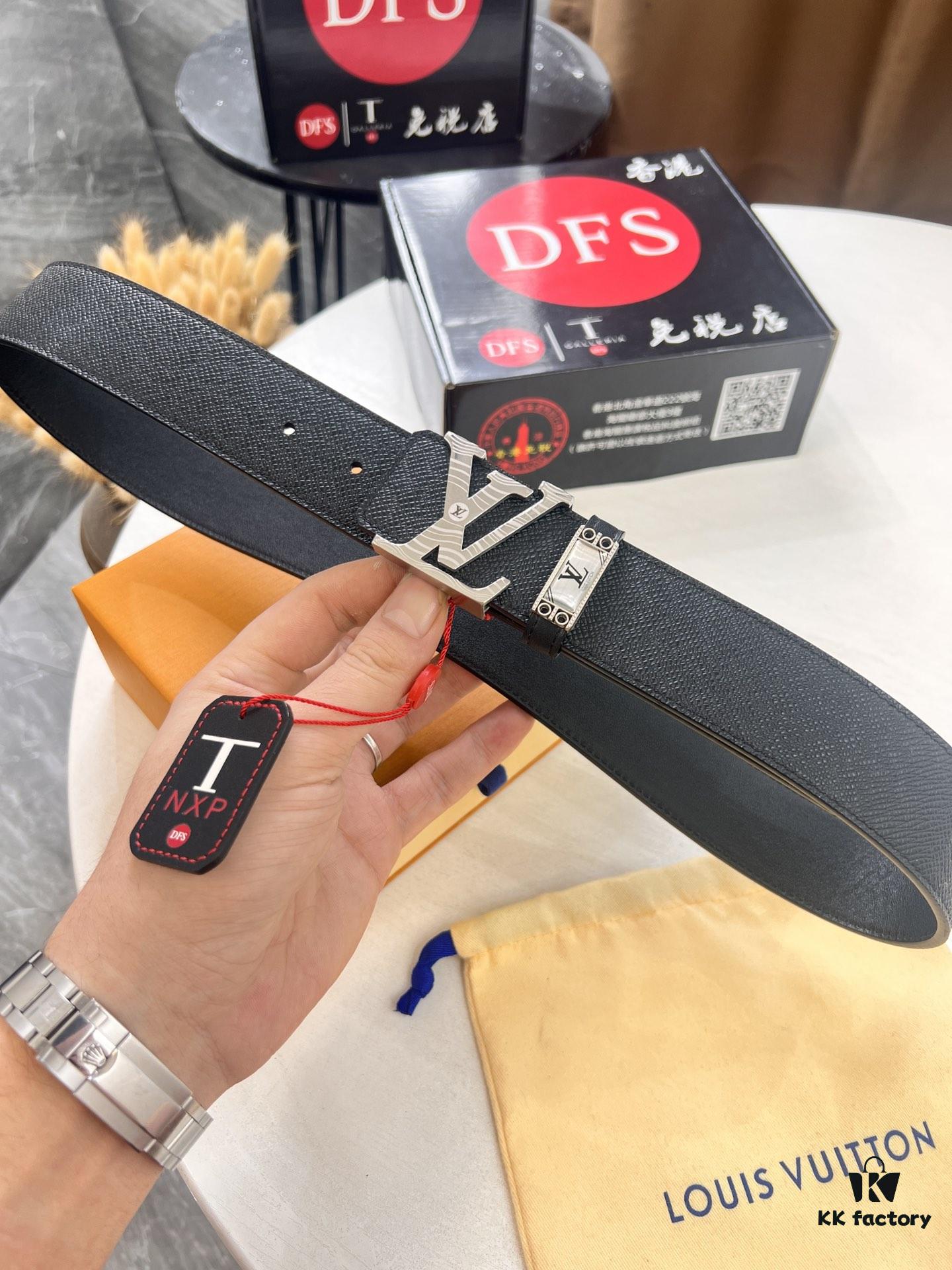 Top-Tier LV Louis Vuitton L-Logo Polished Stainless Steel Buckle Belt - Genuine French Cross-Grain Top Layer Calfskin, 3.8cm Width, with NXP Anti-Counterfeit Chip (Original Box)