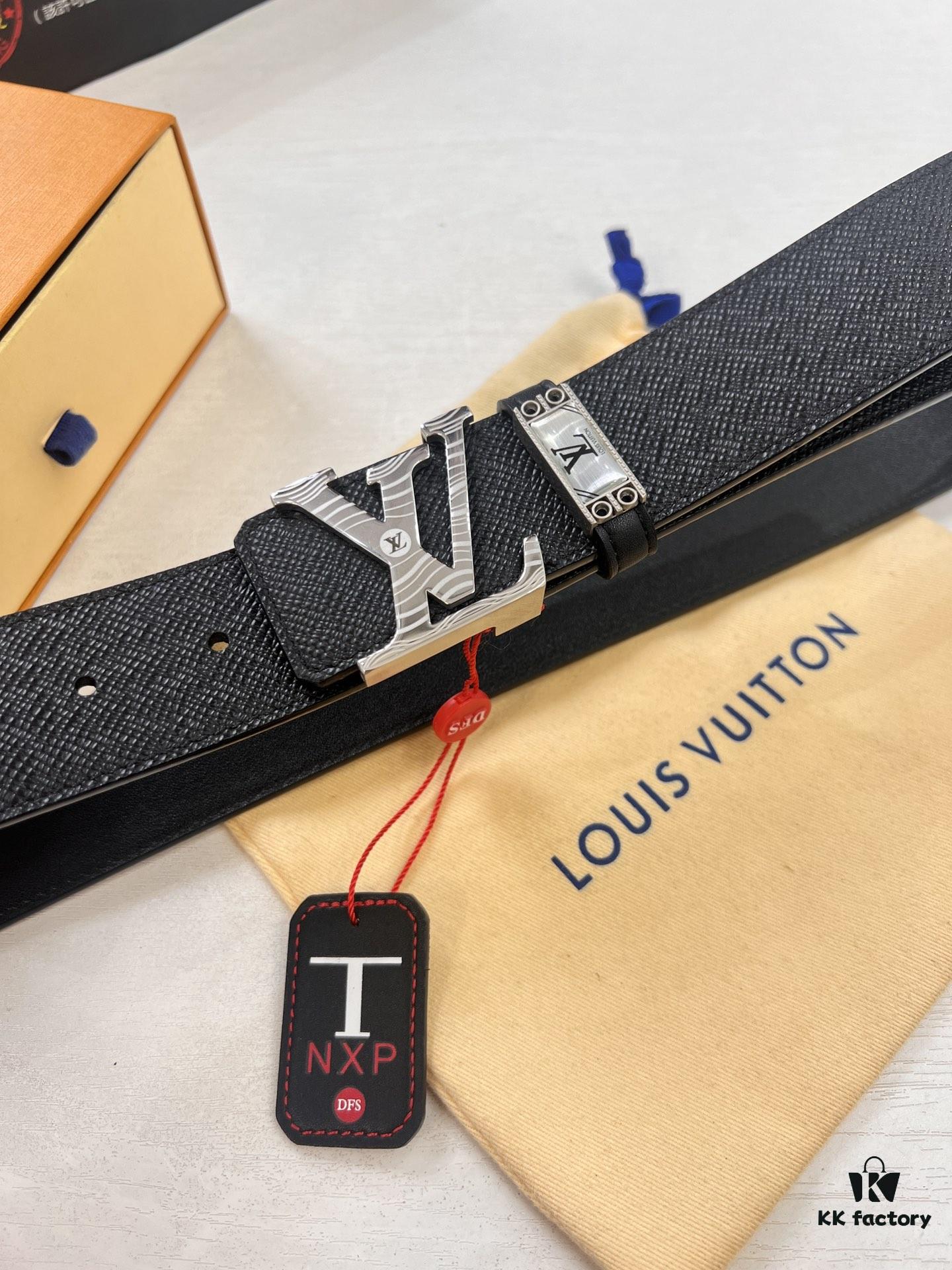 Top-Tier LV Louis Vuitton L-Logo Polished Stainless Steel Buckle Belt - Genuine French Cross-Grain Top Layer Calfskin, 3.8cm Width, with NXP Anti-Counterfeit Chip (Original Box)