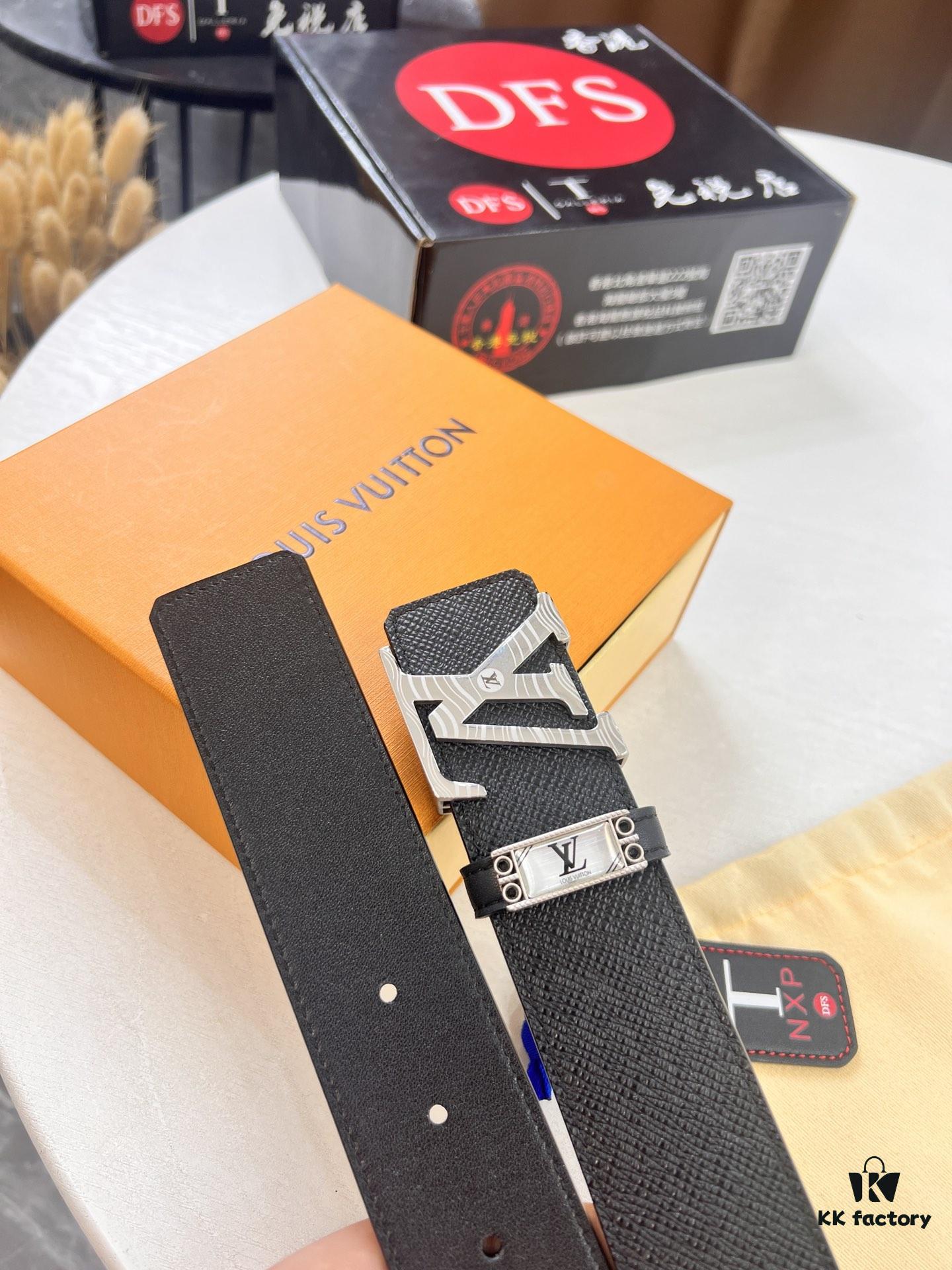 Top-Tier LV Louis Vuitton L-Logo Polished Stainless Steel Buckle Belt - Genuine French Cross-Grain Top Layer Calfskin, 3.8cm Width, with NXP Anti-Counterfeit Chip (Original Box)