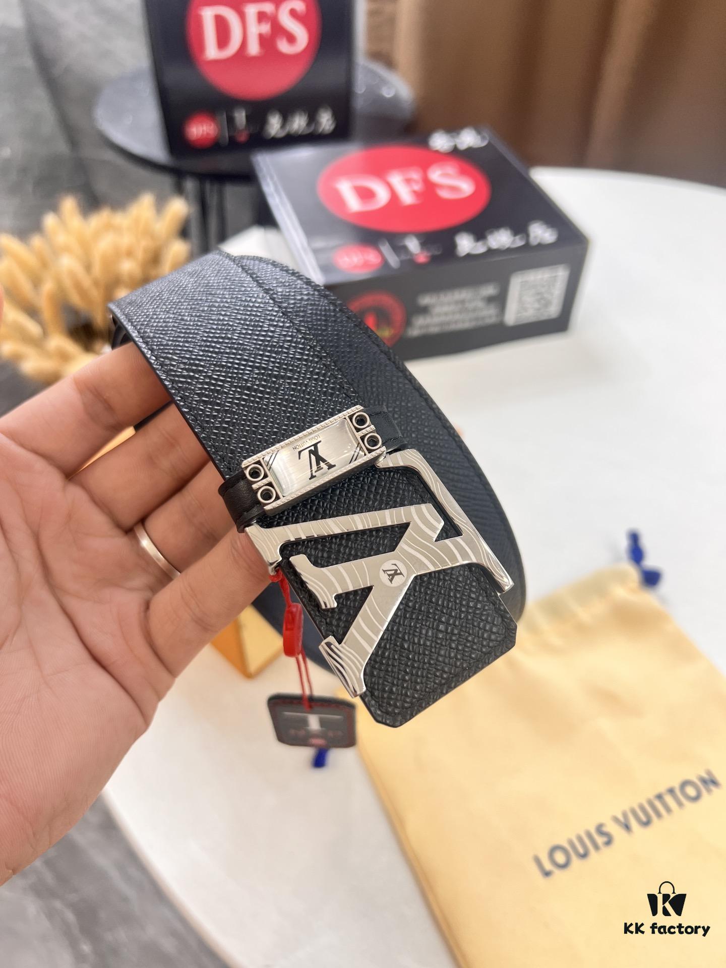 Top-Tier LV Louis Vuitton L-Logo Polished Stainless Steel Buckle Belt - Genuine French Cross-Grain Top Layer Calfskin, 3.8cm Width, with NXP Anti-Counterfeit Chip (Original Box)