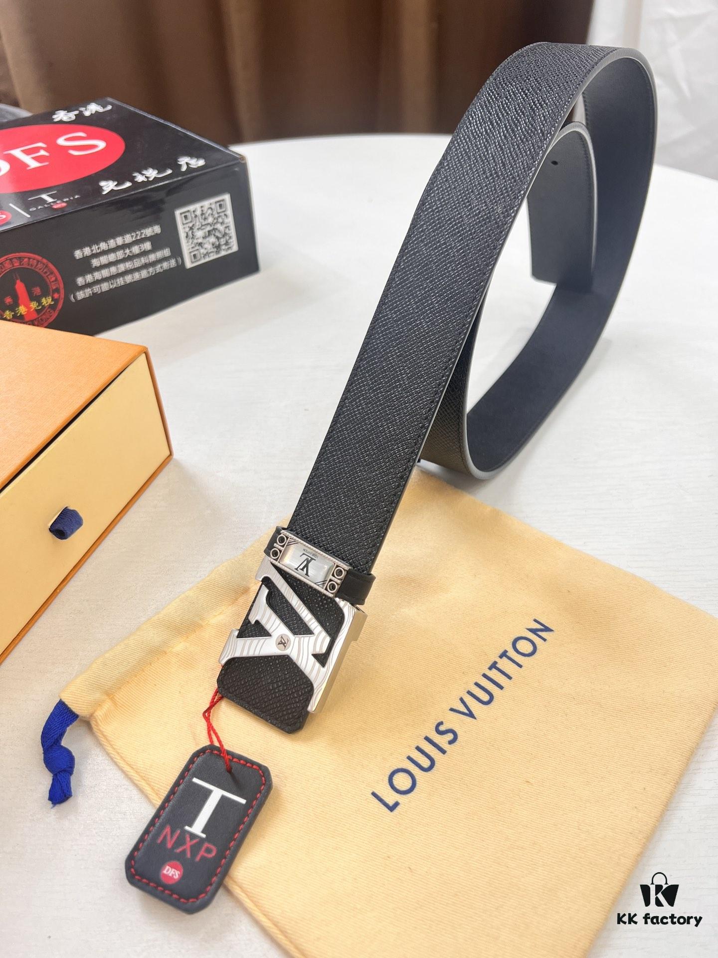 Top-Tier LV Louis Vuitton L-Logo Polished Stainless Steel Buckle Belt - Genuine French Cross-Grain Top Layer Calfskin, 3.8cm Width, with NXP Anti-Counterfeit Chip (Original Box)