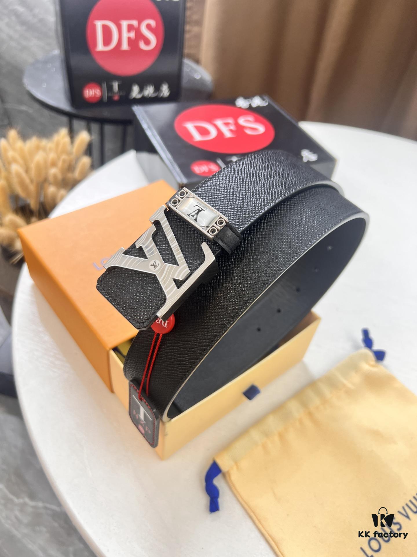 Top-Tier LV Louis Vuitton L-Logo Polished Stainless Steel Buckle Belt - Genuine French Cross-Grain Top Layer Calfskin, 3.8cm Width, with NXP Anti-Counterfeit Chip (Original Box)