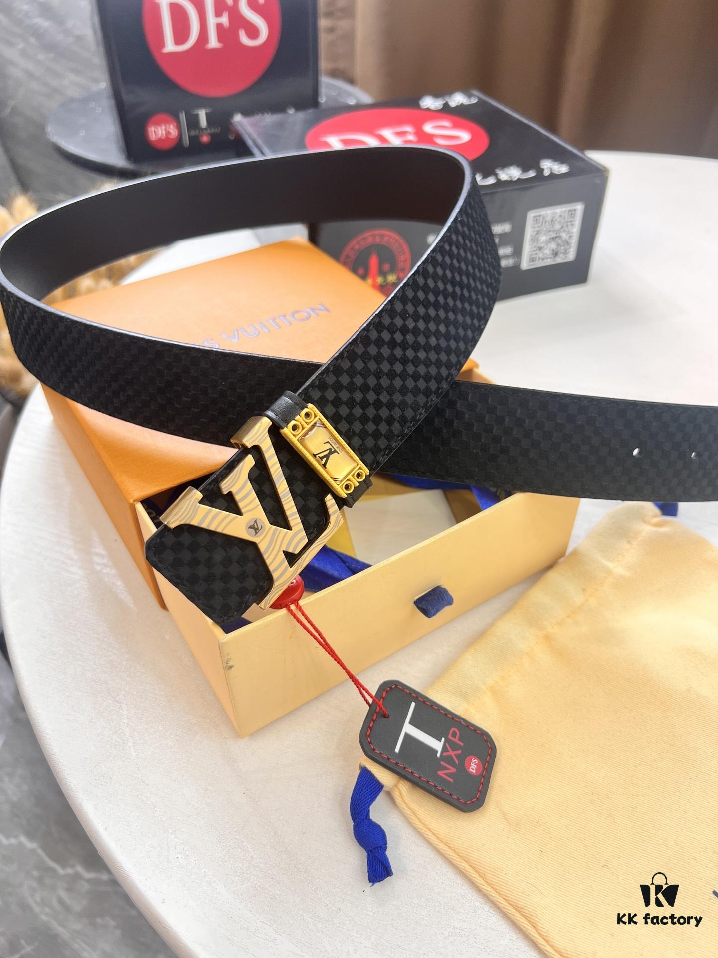 Top-Tier LV Louis Vuitton L-Logo Polished Stainless Steel Buckle Belt - Imported French Cross-Grain Top-Layer Cowhide, 3.8cm Width, NFC Chip Verified Authenticity (Original Box & Tag Included)