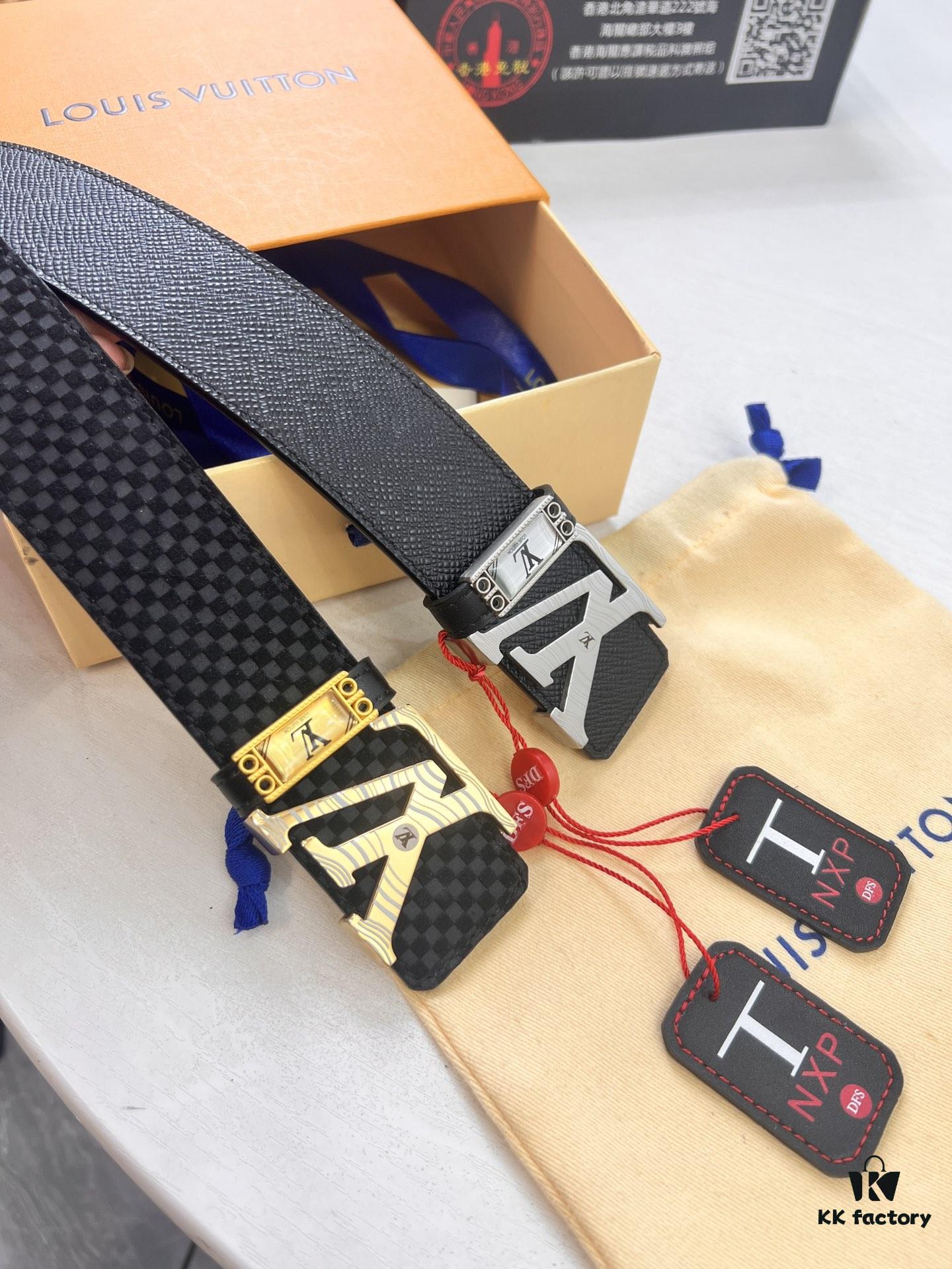 Top-Tier LV Louis Vuitton L-Logo Polished Stainless Steel Buckle Belt - Imported French Cross-Grain Top-Layer Cowhide, 3.8cm Width, NFC Chip Verified Authenticity (Original Box & Tag Included)