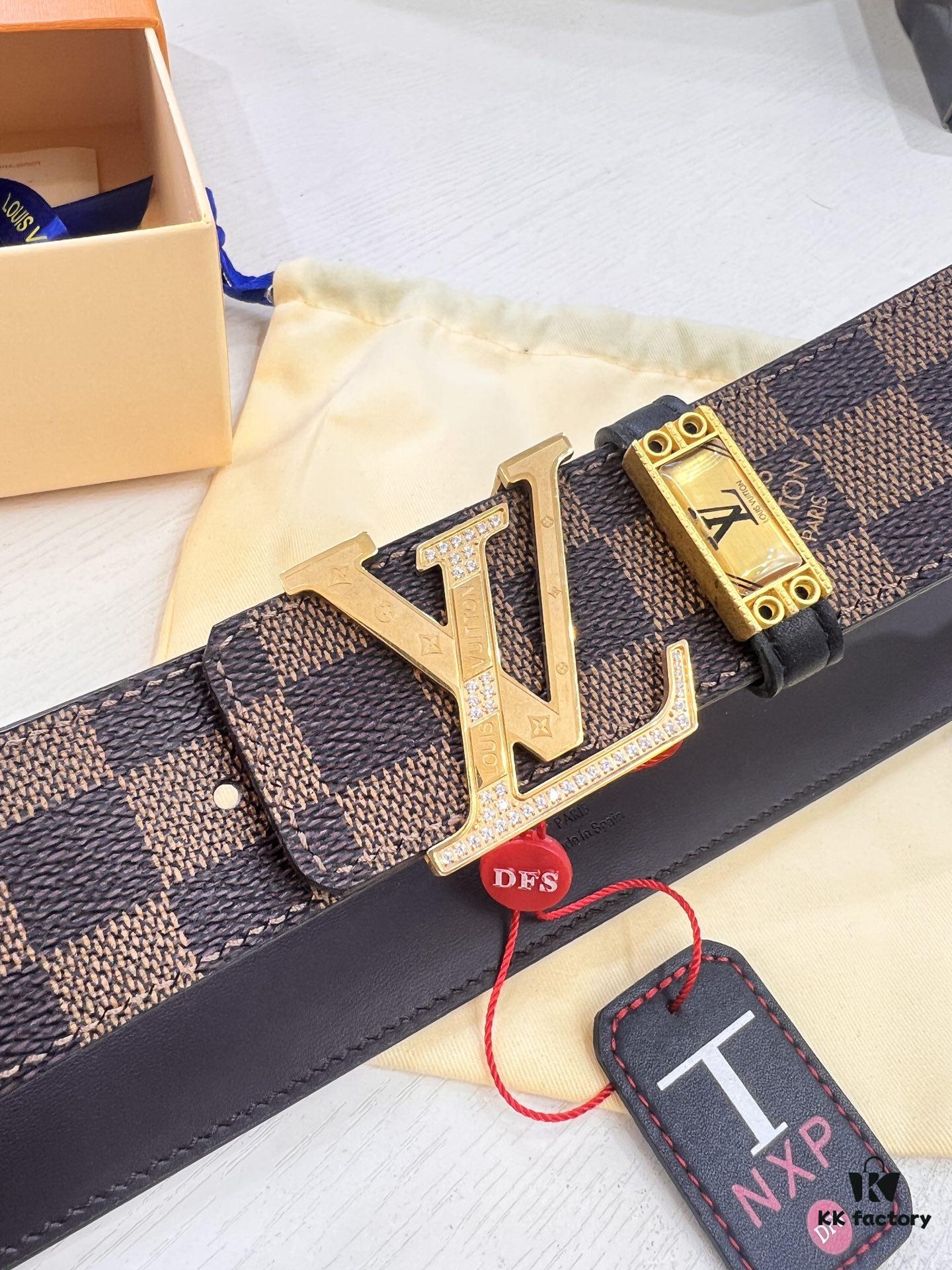 LV Men's Belt, Latest Style, ZP Molded, Matching Classic Checkered Fabric, Genuine Cowhide, Stainless Steel Buckle with Thickened Hardware, 4.0cm Width