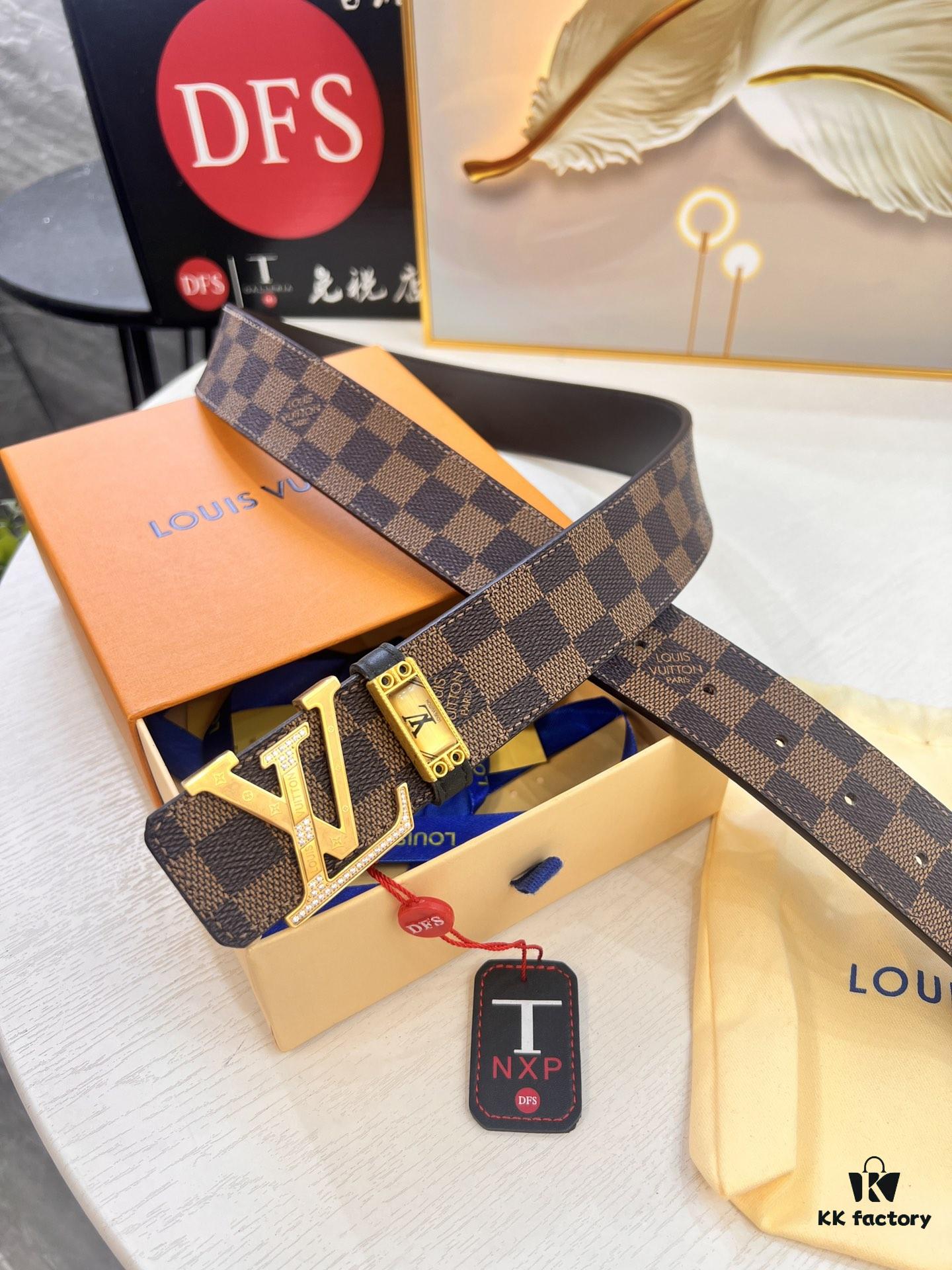 LV Men's Belt, Latest Style, ZP Molded, Matching Classic Checkered Fabric, Genuine Cowhide, Stainless Steel Buckle with Thickened Hardware, 4.0cm Width