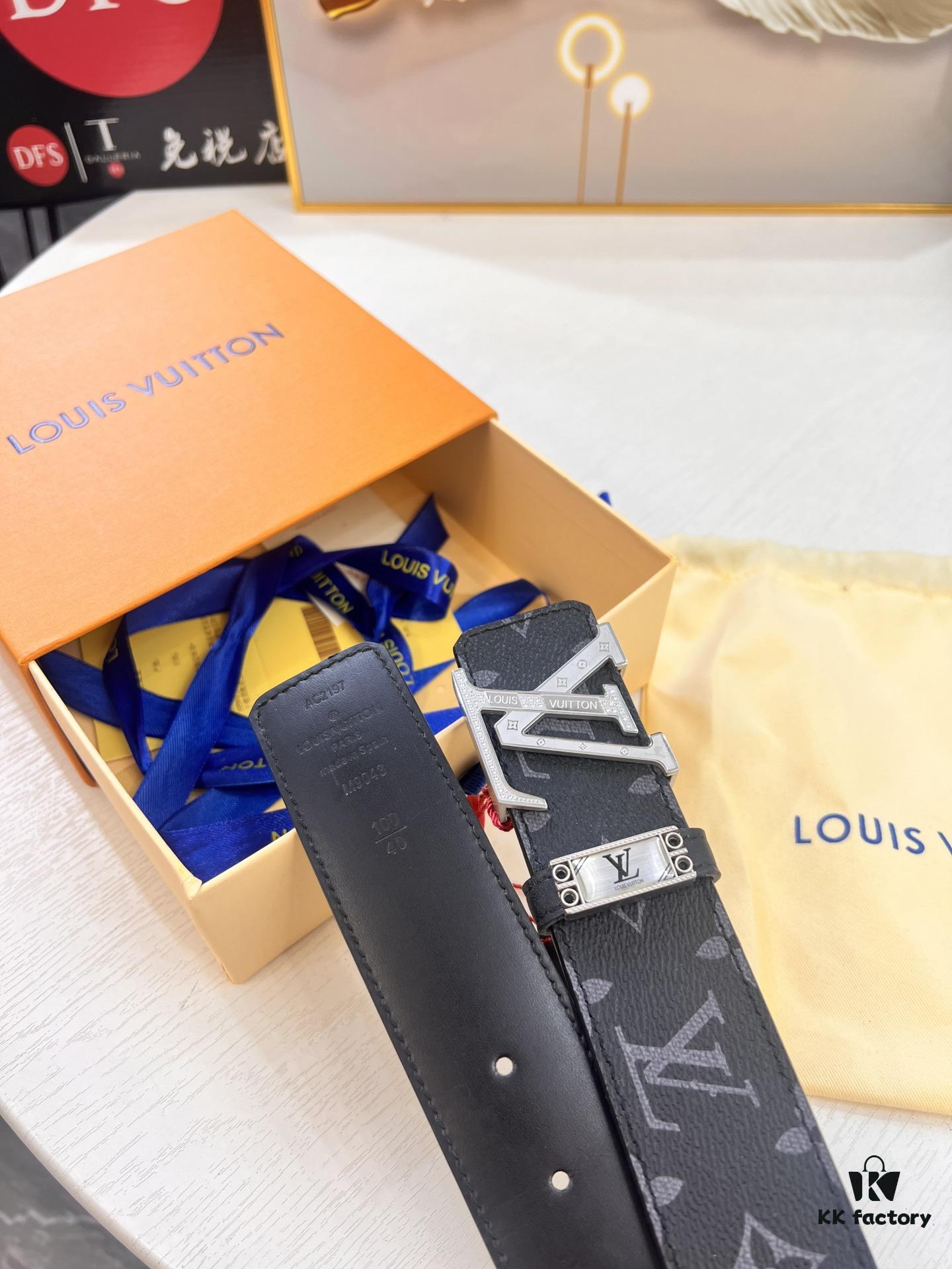 Louis Vuitton LV Men's Belt, Latest Design, ZP Molded, Full-Grain Cowhide Leather, Stainless Steel Buckle with Rhinestone Inlay, 4.0cm Width