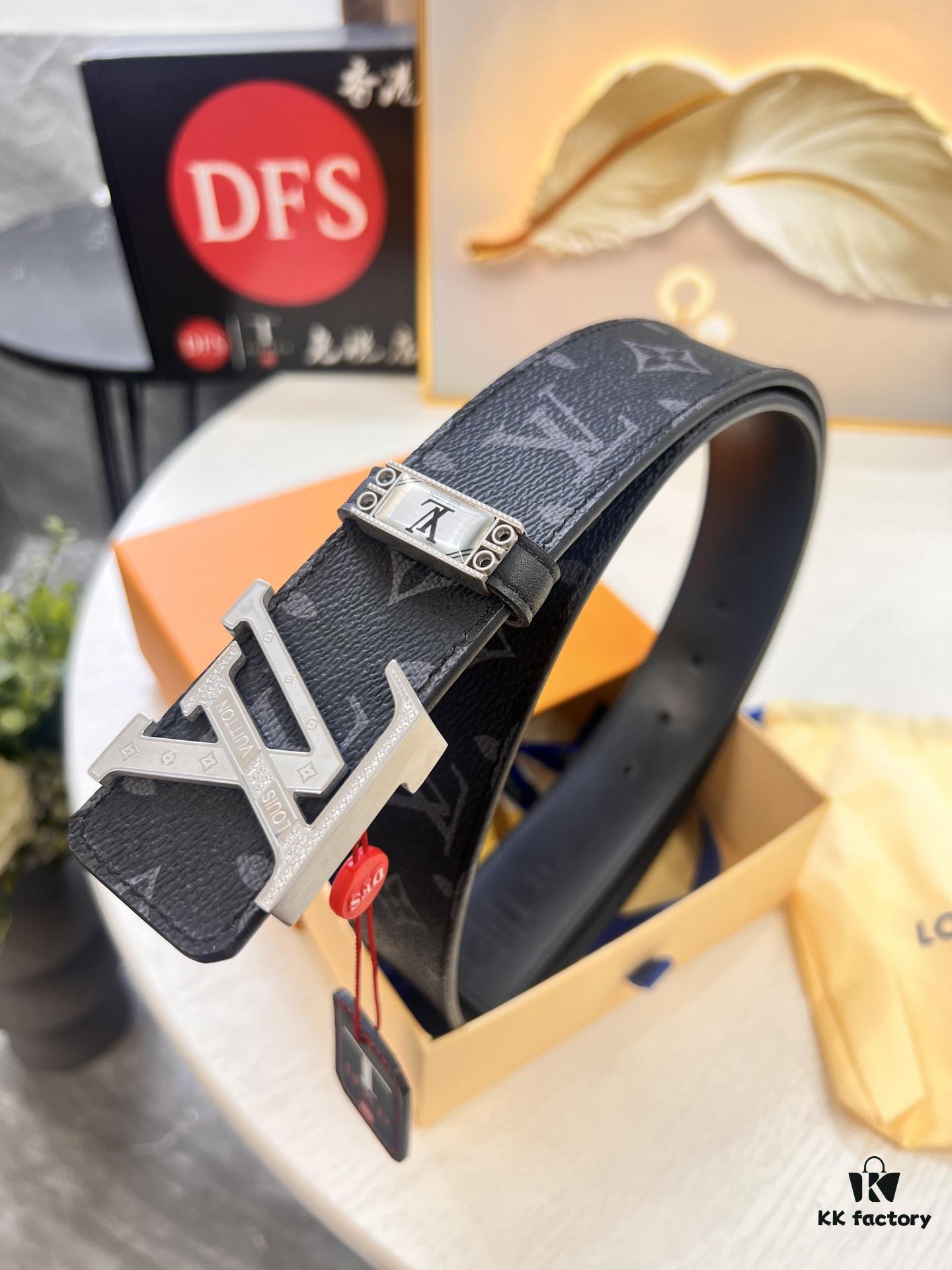 Louis Vuitton LV Men's Belt, Latest Design, ZP Molded, Full-Grain Cowhide Leather, Stainless Steel Buckle with Rhinestone Inlay, 4.0cm Width