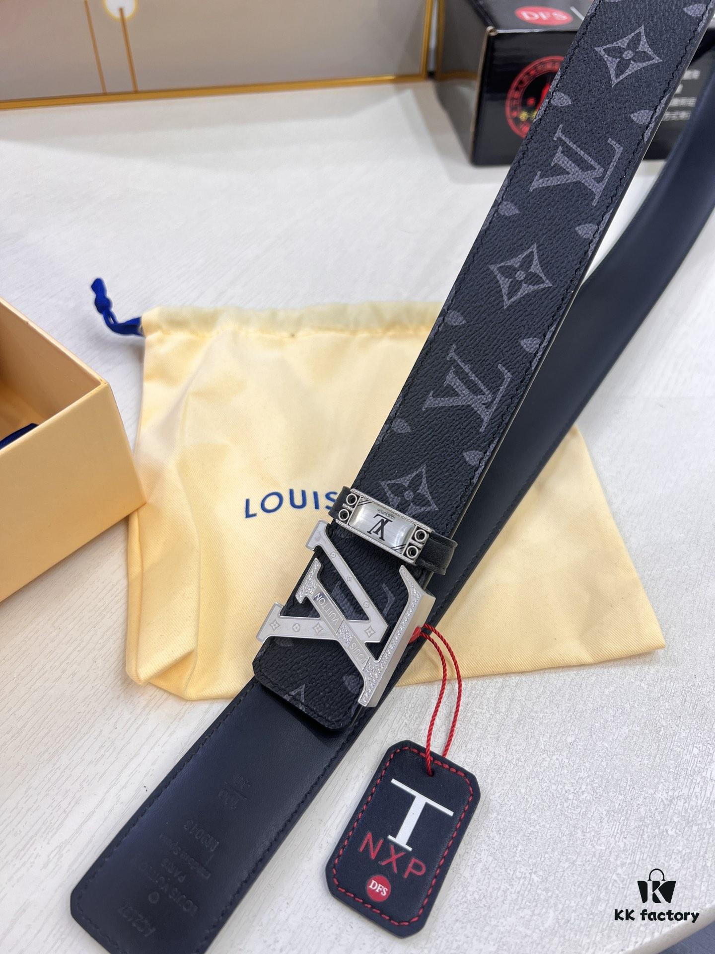 Louis Vuitton LV Men's Belt, Latest Design, ZP Molded, Full-Grain Cowhide Leather, Stainless Steel Buckle with Rhinestone Inlay, 4.0cm Width