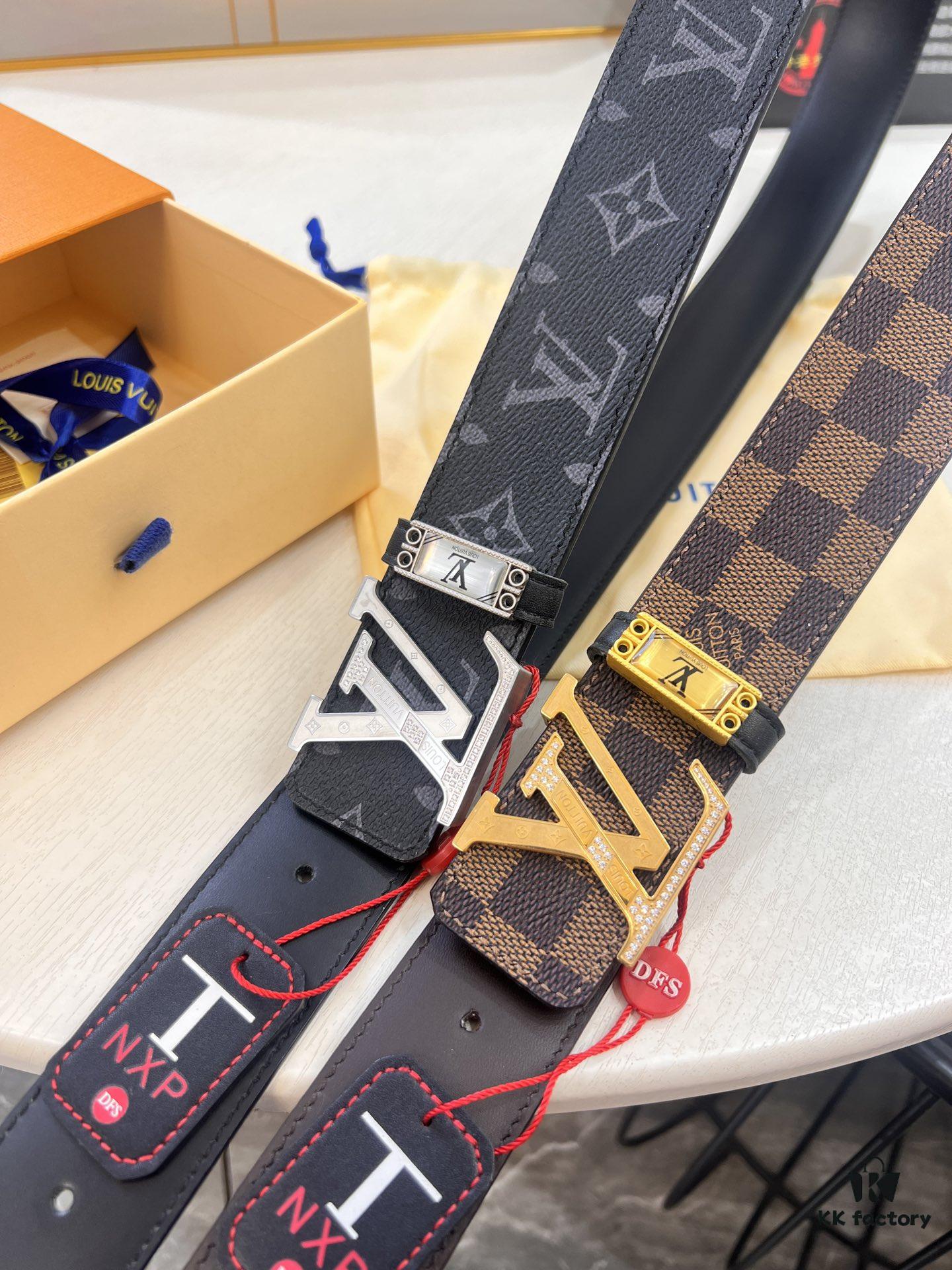 Louis Vuitton LV Men's Belt, Latest Design, ZP Molded, Full-Grain Cowhide Leather, Stainless Steel Buckle with Rhinestone Inlay, 4.0cm Width