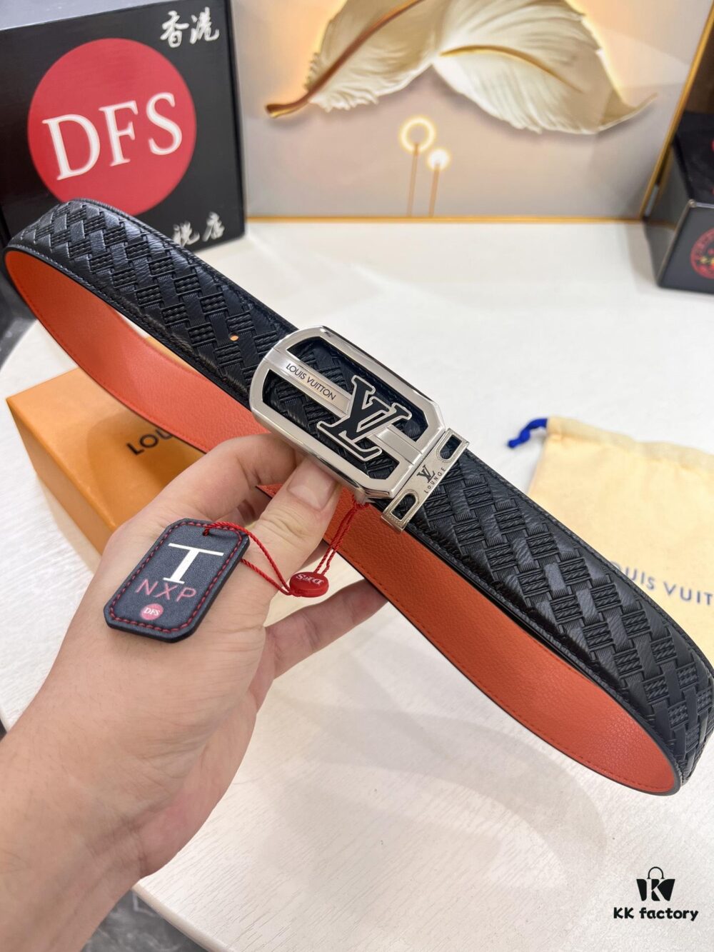 LV Men's Belt - Original Imported Woven Full-Grain Leather, Double-Sided Use, Steel Hardware with Inner Letters, 3.8cm Width