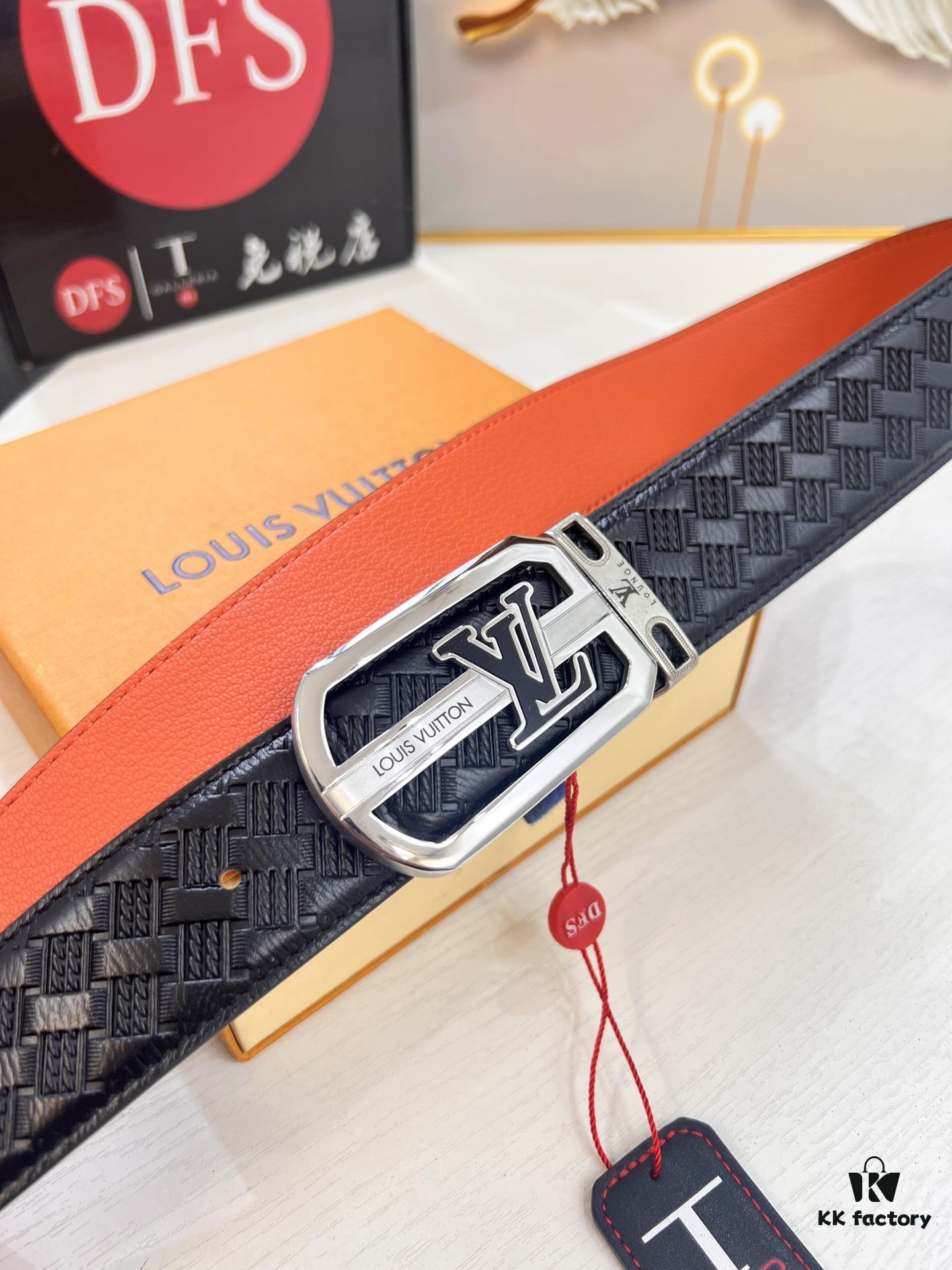 LV Men's Belt - Original Imported Woven Full-Grain Leather, Double-Sided Use, Steel Hardware with Inner Letters, 3.8cm Width