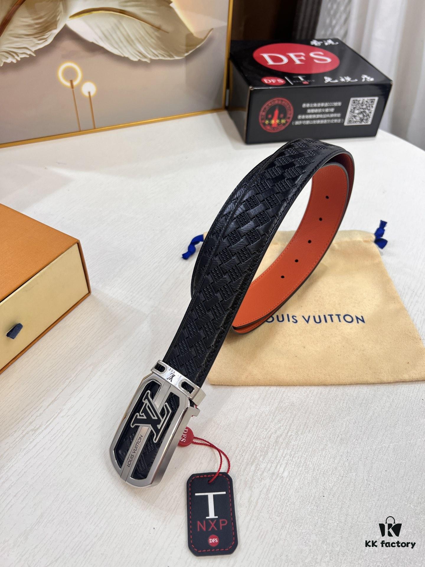 LV Men's Belt - Original Imported Woven Full-Grain Leather, Double-Sided Use, Steel Hardware with Inner Letters, 3.8cm Width