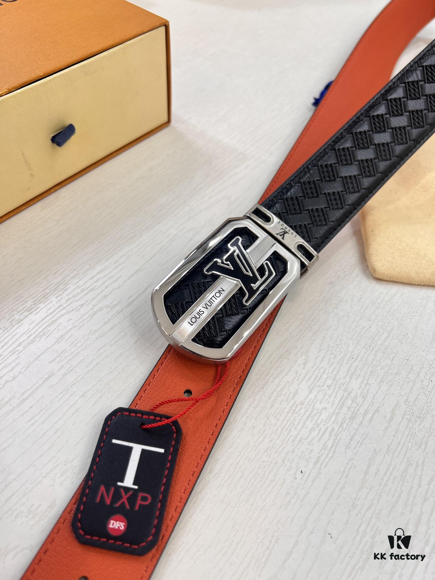 LV Men's Belt - Original Imported Woven Full-Grain Leather, Double-Sided Use, Steel Hardware with Inner Letters, 3.8cm Width