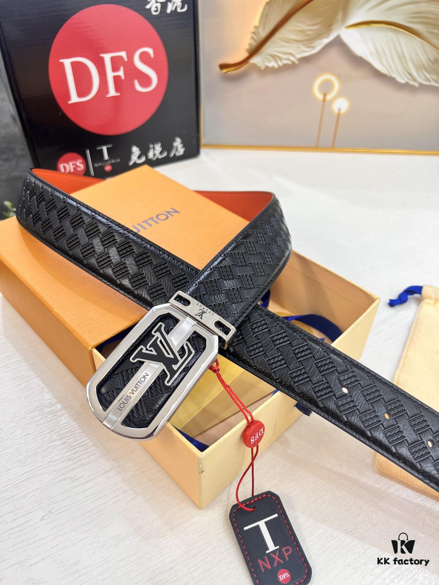 LV Men's Belt - Original Imported Woven Full-Grain Leather, Double-Sided Use, Steel Hardware with Inner Letters, 3.8cm Width