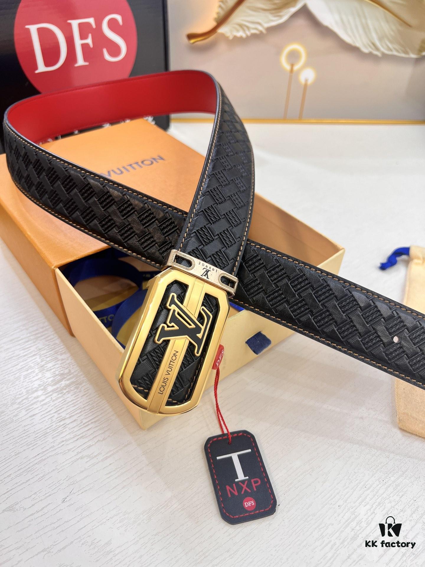 Louis Vuitton LV Men's Belt, Woven Top-Layer Leather, Slim Grain Calfskin, Steel Hardware with Double-Sided Design, 3.8cm Width