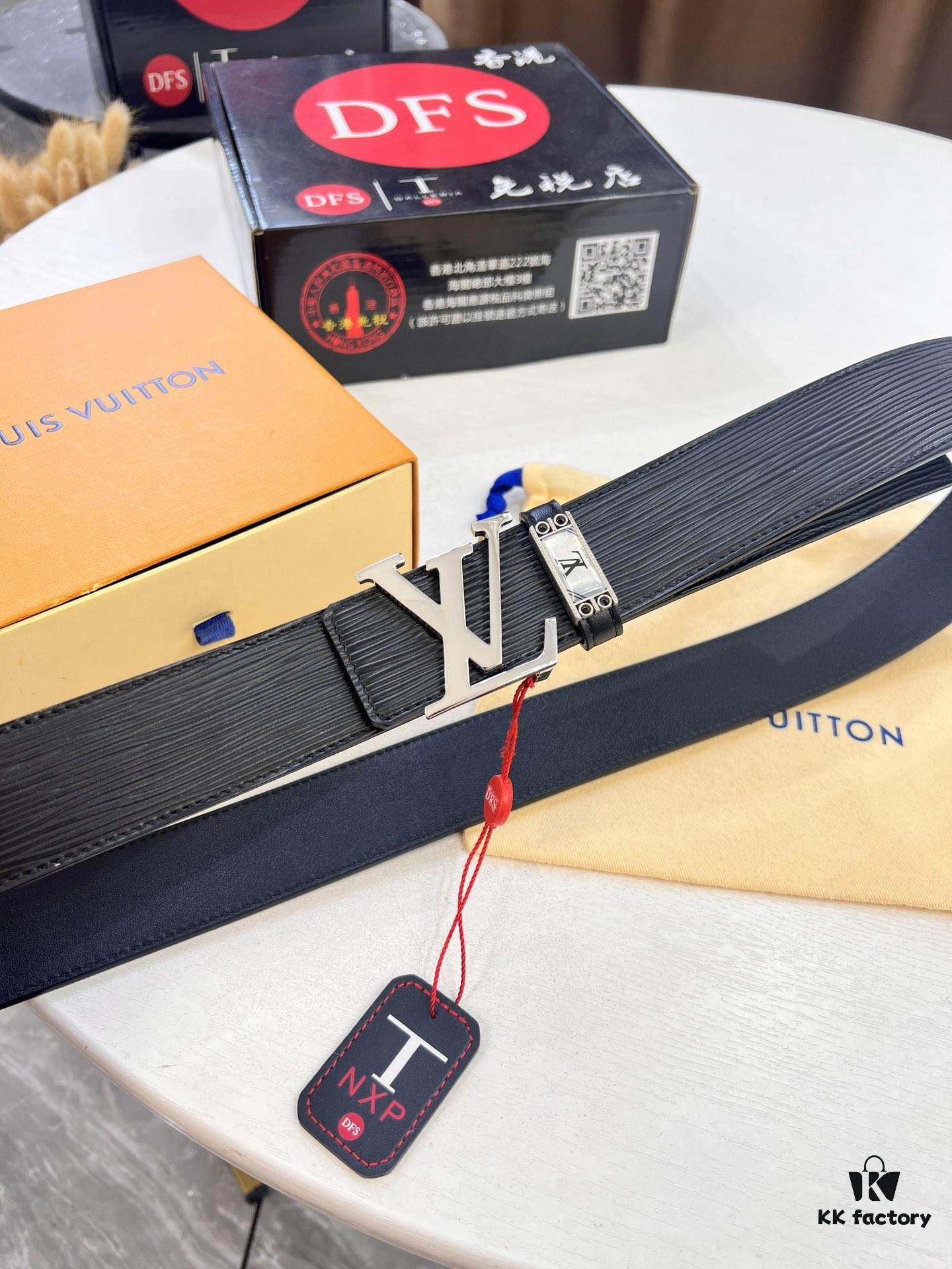 Top-Tier LV Louis Vuitton L-Logo Polished Stainless Steel Buckle Belt - Imported French Cross-Grain Top-Layer Calfskin, 3.8cm Width, Authentic NXP Chip & Official Anti-Counterfeit Verification