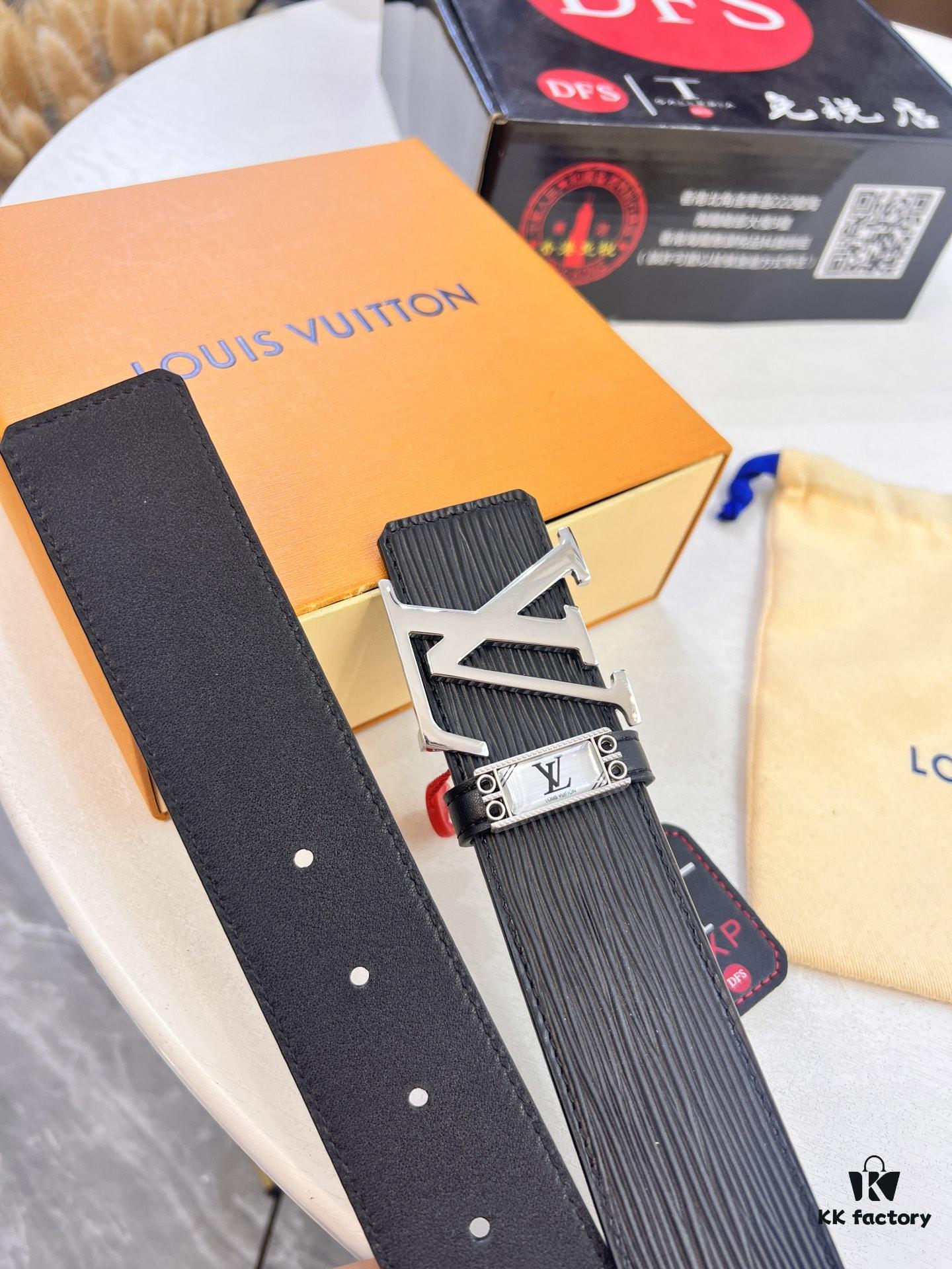 Top-Tier LV Louis Vuitton L-Logo Polished Stainless Steel Buckle Belt - Imported French Cross-Grain Top-Layer Calfskin, 3.8cm Width, Authentic NXP Chip & Official Anti-Counterfeit Verification