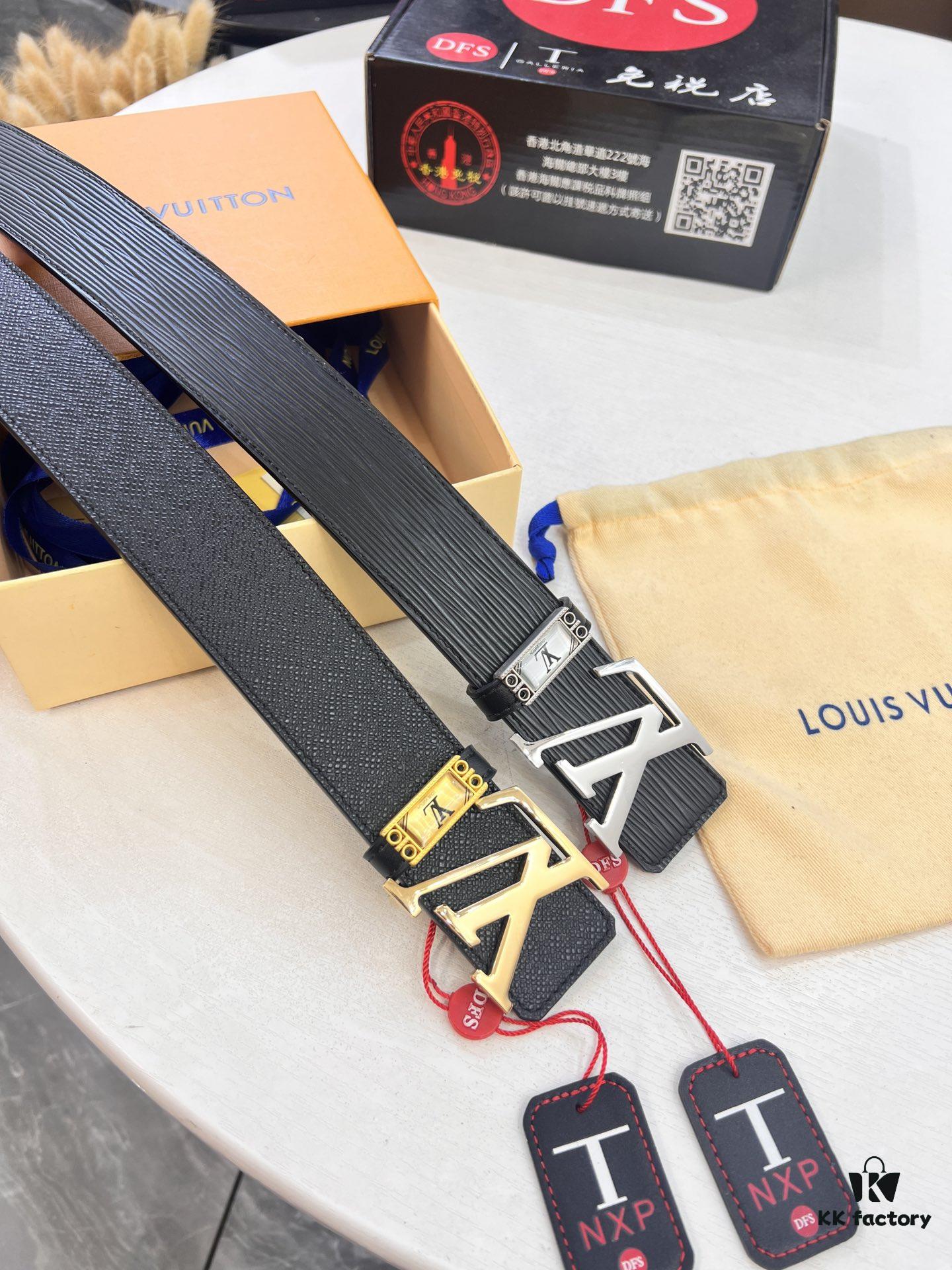 Top-Tier LV Louis Vuitton L-Logo Polished Stainless Steel Buckle Belt - Imported French Cross-Grain Top-Layer Calfskin, 3.8cm Width, Authentic NXP Chip & Official Anti-Counterfeit Verification