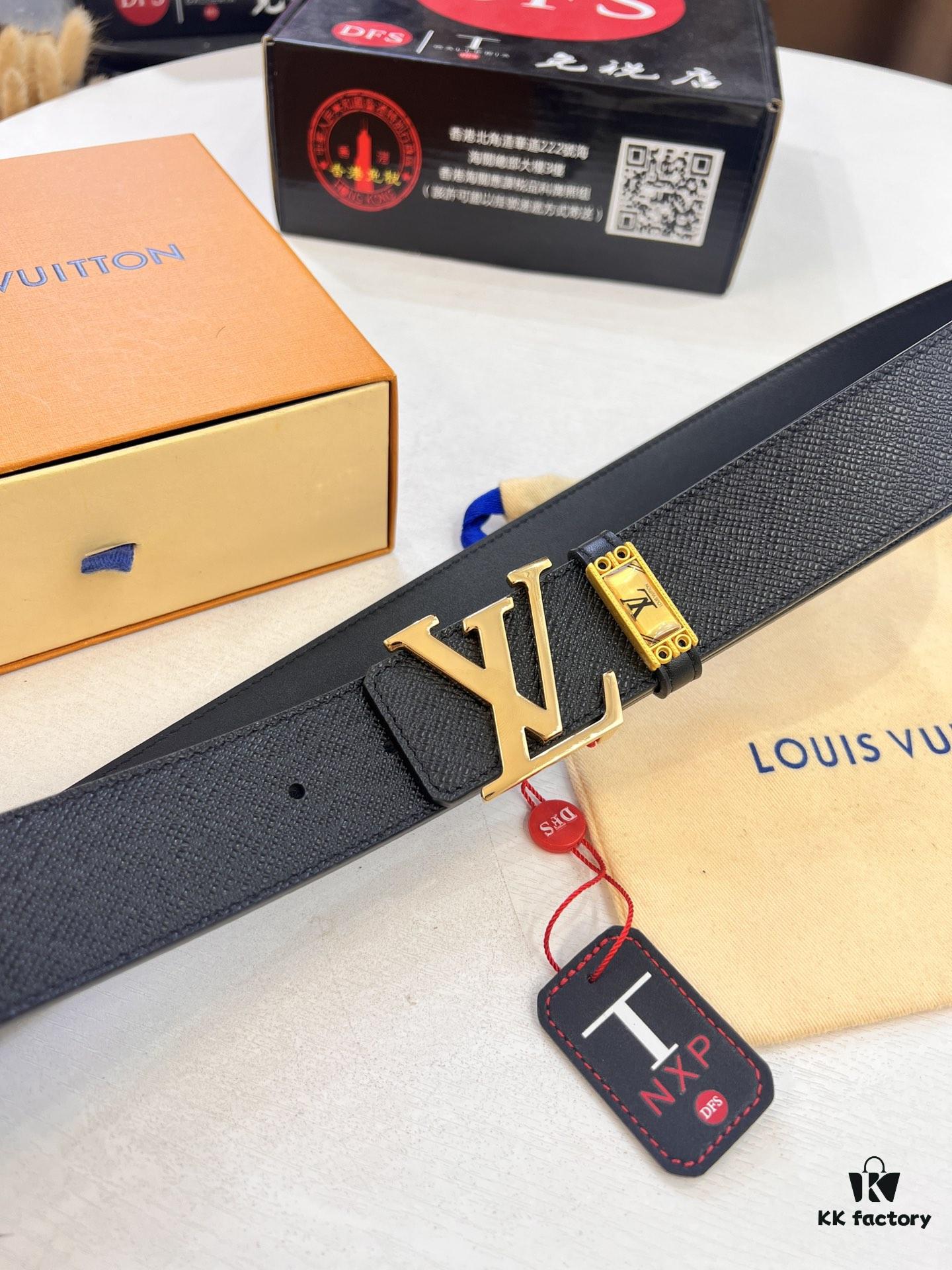 Top-Tier LV Louis Vuitton L-Logo Polished Stainless Steel Buckle Belt - Genuine Cross-Grain French Calfskin, 3.8cm Width, with NXP Anti-Counterfeit Chip (Original Box)