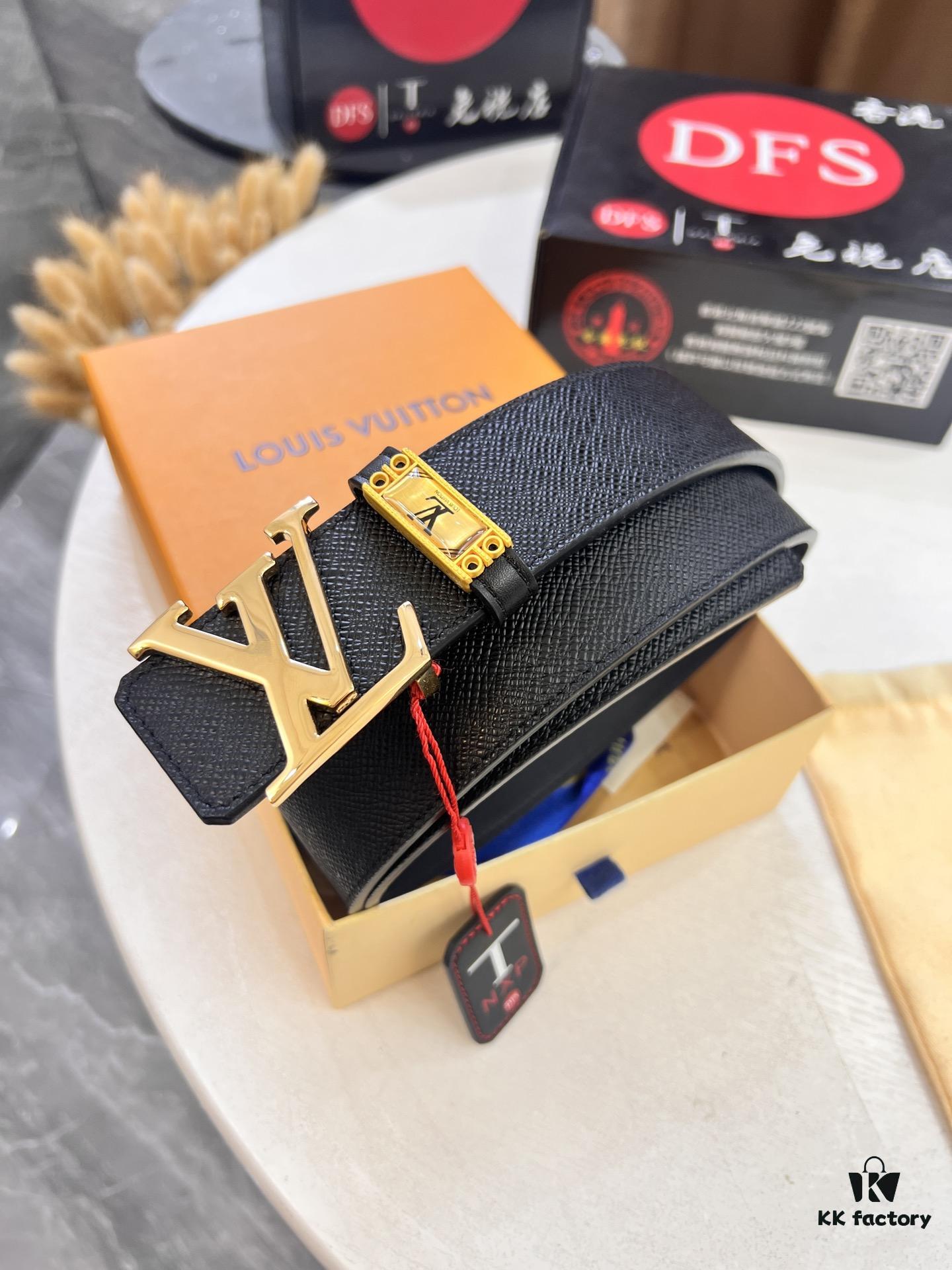 Top-Tier LV Louis Vuitton L-Logo Polished Stainless Steel Buckle Belt - Genuine Cross-Grain French Calfskin, 3.8cm Width, with NXP Anti-Counterfeit Chip (Original Box)