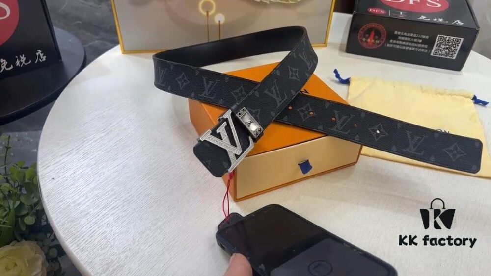 New LV Monogram Leather Belt with Diamond-Encrusted Stainless Steel Hardware, Genuine Cowhide