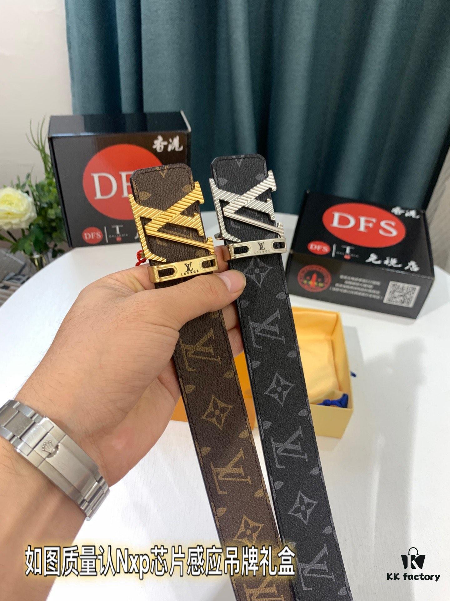 Shop Owner Recommended Trumpet Trumpet Louis Vuitton LV Belt ZP Synchronized New Men's Belt with Imported Monogram Fabric, Original Factory Head Cowhide Plain Low Texture, Reversible Use, Water Ripples Letter Hardware, 3.8cm Width