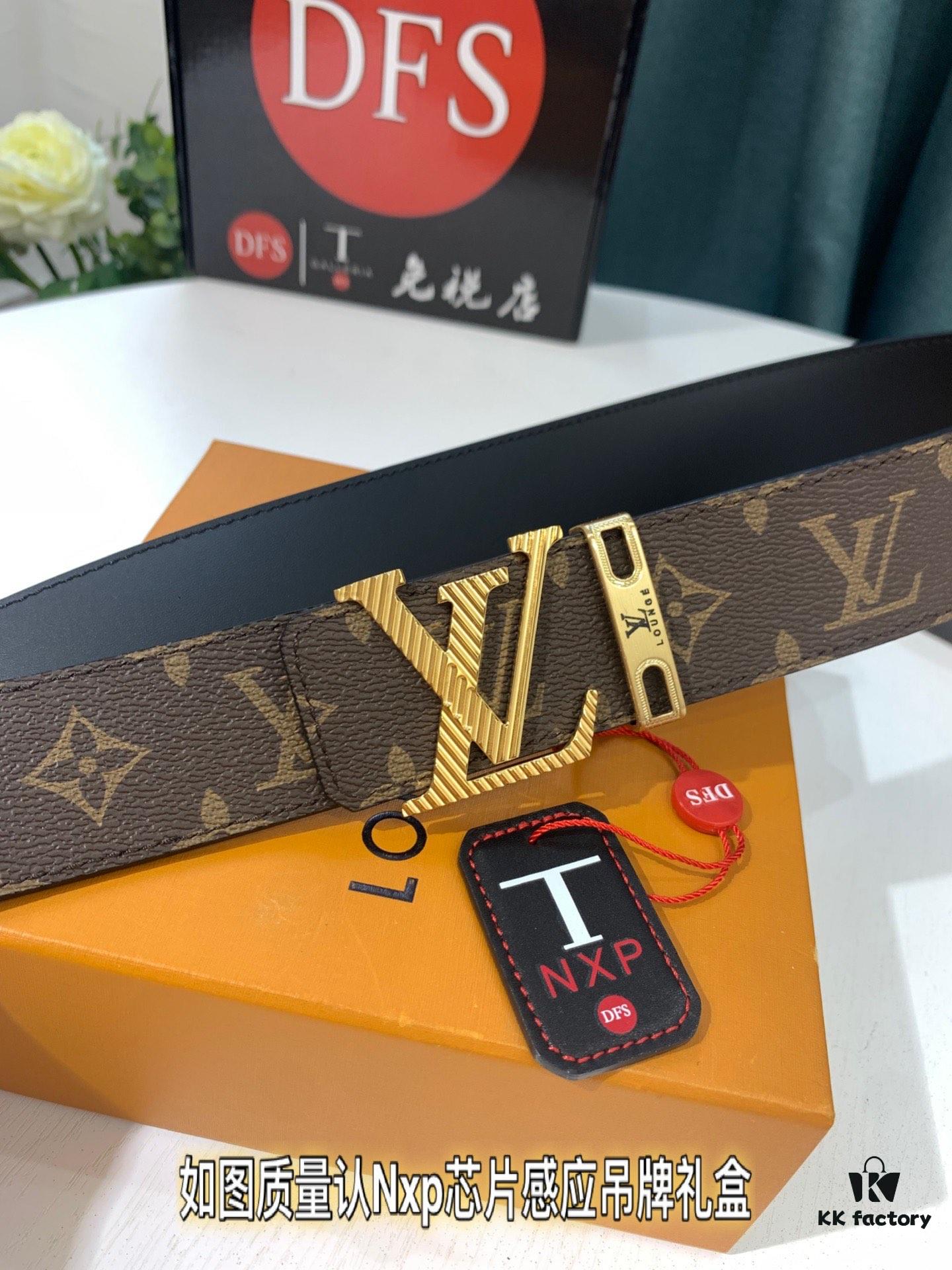 Shop Owner Recommended Trumpet Trumpet Louis Vuitton LV Belt ZP Synchronized New Men's Belt with Imported Monogram Fabric, Original Factory Head Cowhide Plain Weave Low, Reversible Use, Water Ripples Letter Hardware, Width 3.8cm