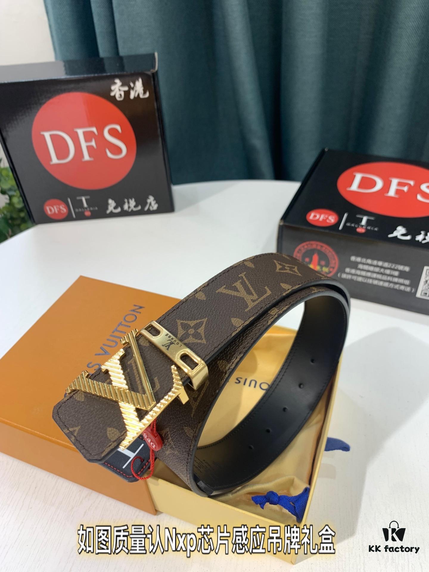 Shop Owner Recommended Trumpet Trumpet Louis Vuitton LV Belt ZP Synchronized New Men's Belt with Imported Monogram Fabric, Original Factory Head Cowhide Plain Weave Low, Reversible Use, Water Ripples Letter Hardware, Width 3.8cm