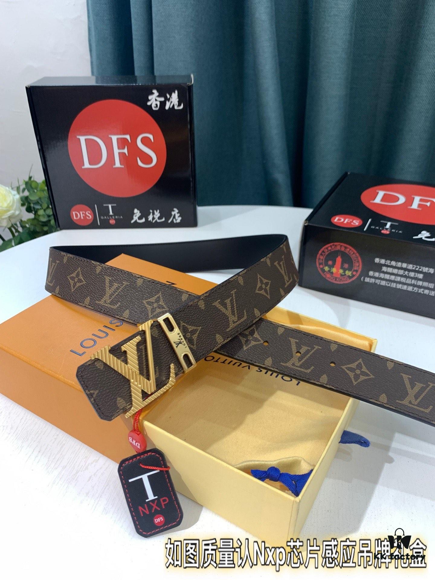 Shop Owner Recommended Trumpet Trumpet Louis Vuitton LV Belt ZP Synchronized New Men's Belt with Imported Monogram Fabric, Original Factory Head Cowhide Plain Weave Low, Reversible Use, Water Ripples Letter Hardware, Width 3.8cm