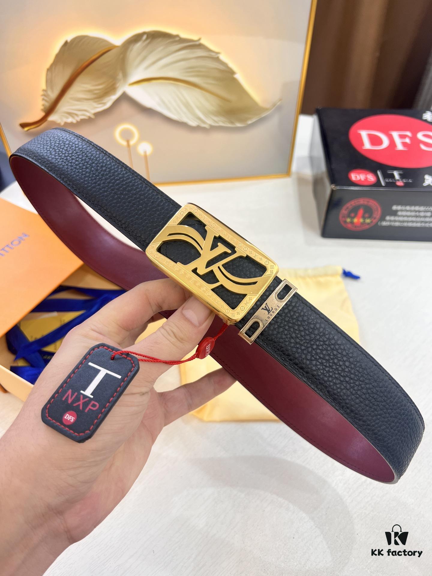 Top-Tier Louis Vuitton LV Belt - Genuine First-Layer Embossed Cowhide, 3.8cm Width, Reddish Wine Color, Hong Kong Duty-Free Premium Gift Box