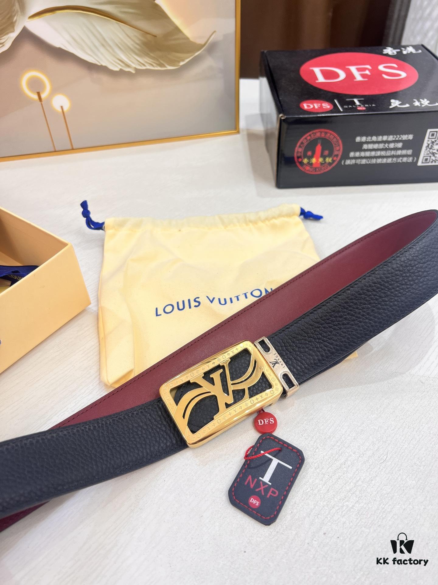Top-Tier Louis Vuitton LV Belt - Genuine First-Layer Embossed Cowhide, 3.8cm Width, Reddish Wine Color, Hong Kong Duty-Free Premium Gift Box