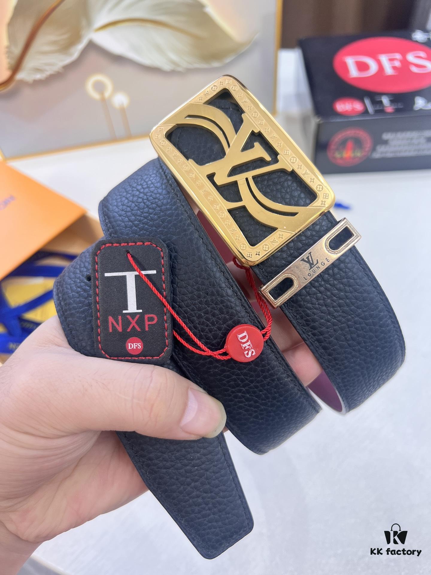 Top-Tier Louis Vuitton LV Belt - Genuine First-Layer Embossed Cowhide, 3.8cm Width, Reddish Wine Color, Hong Kong Duty-Free Premium Gift Box