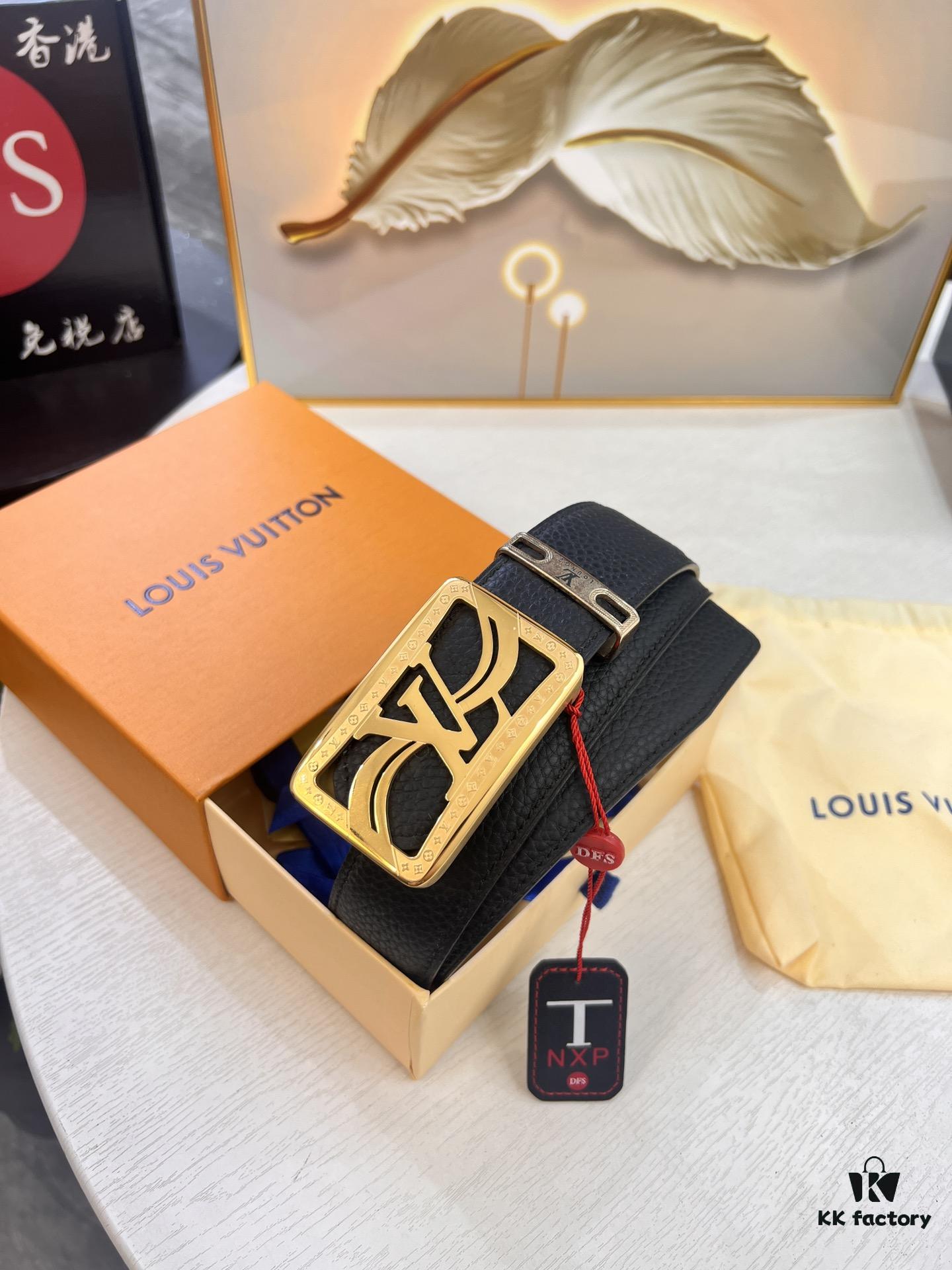Top-Tier Louis Vuitton LV Belt - Genuine First-Layer Embossed Cowhide, 3.8cm Width, Reddish Wine Color, Hong Kong Duty-Free Premium Gift Box