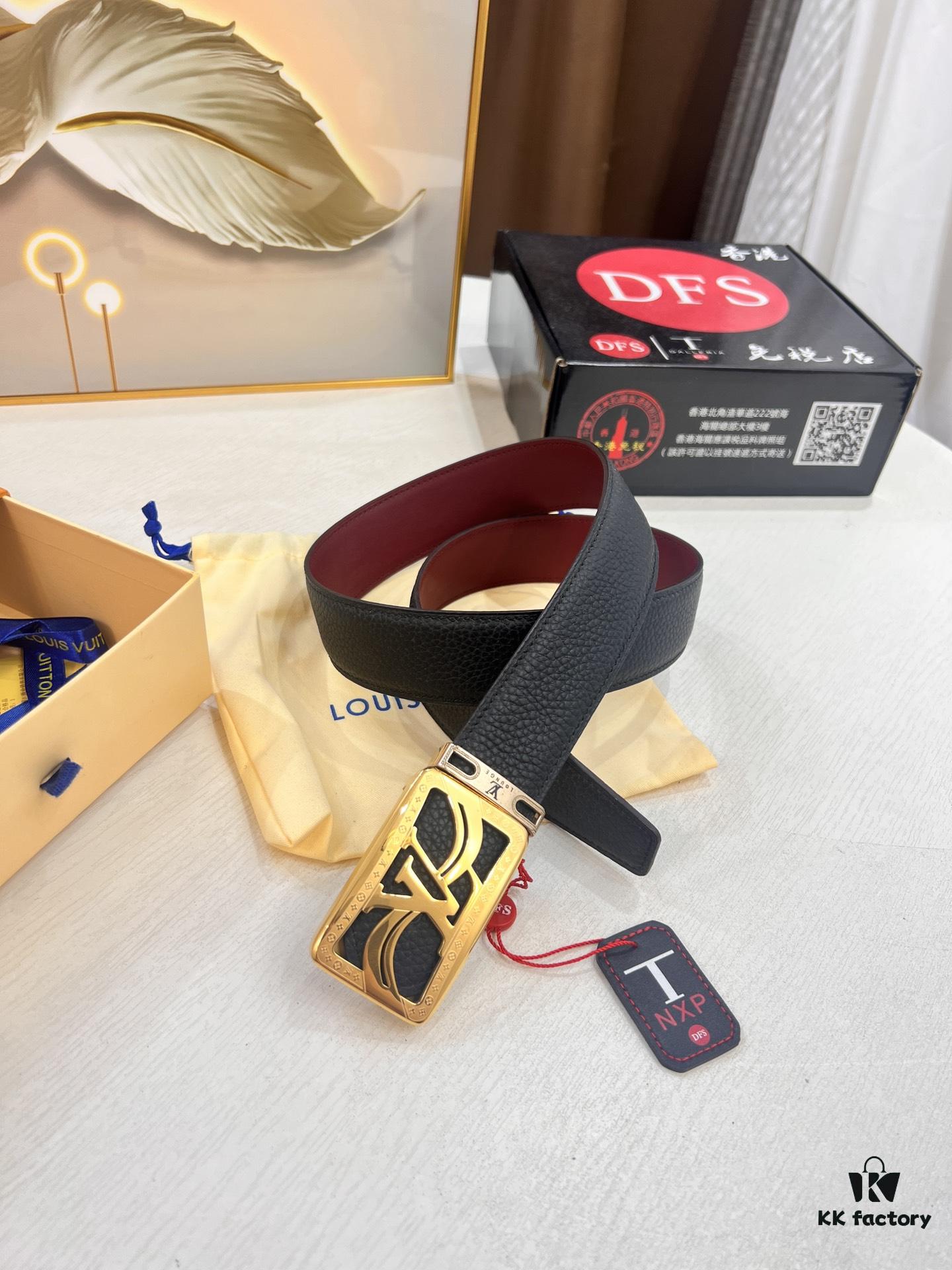 Top-Tier Louis Vuitton LV Belt - Genuine First-Layer Embossed Cowhide, 3.8cm Width, Reddish Wine Color, Hong Kong Duty-Free Premium Gift Box