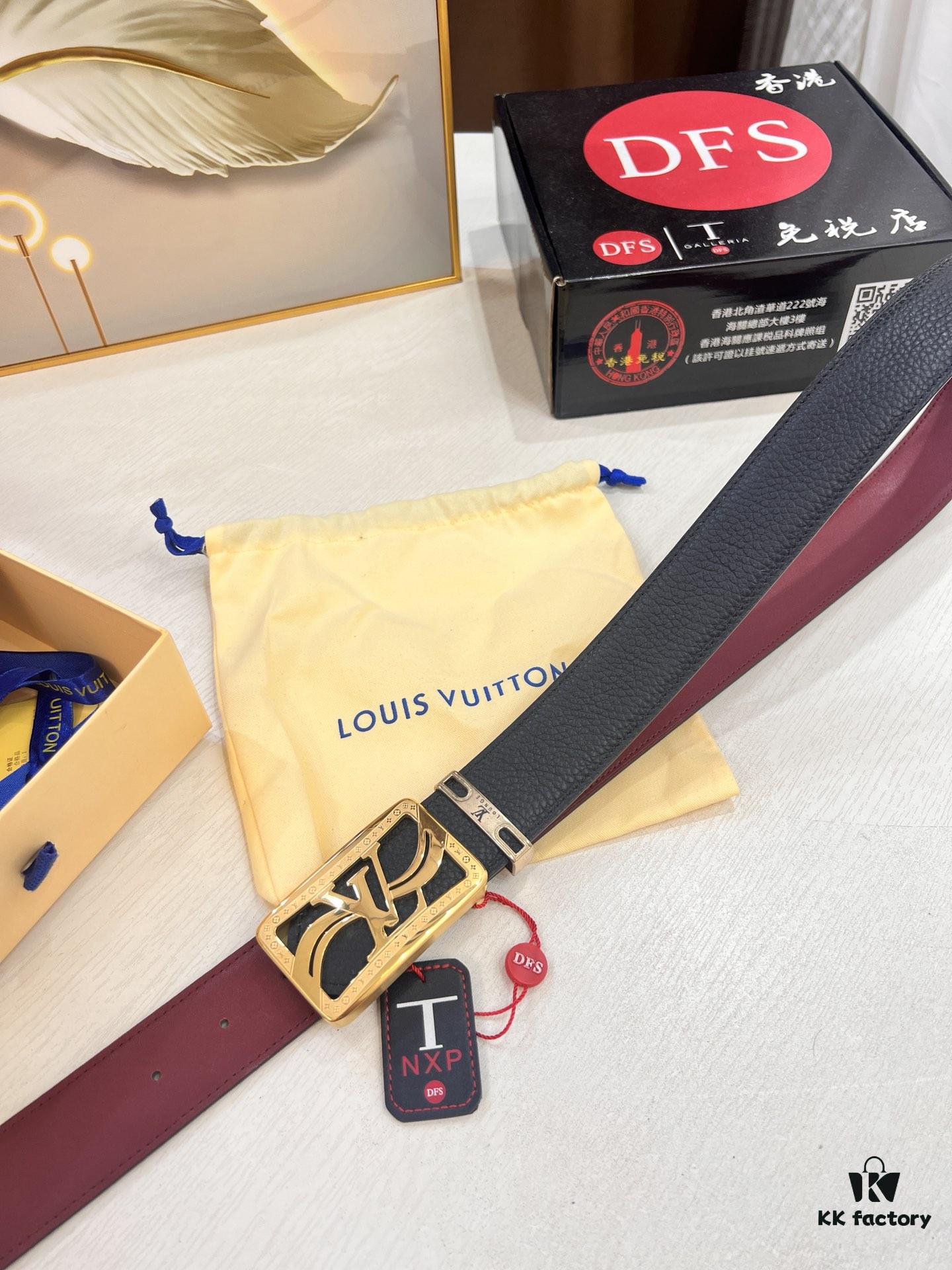Top-Tier Louis Vuitton LV Belt - Genuine First-Layer Embossed Cowhide, 3.8cm Width, Reddish Wine Color, Hong Kong Duty-Free Premium Gift Box