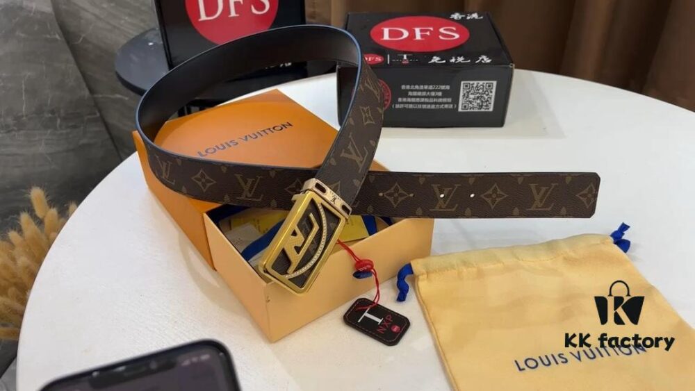 New LV Monogram Leather Belt, Genuine Cowhide with Diamond-Paved Stainless Steel Hardware, Fashionable Casual Style