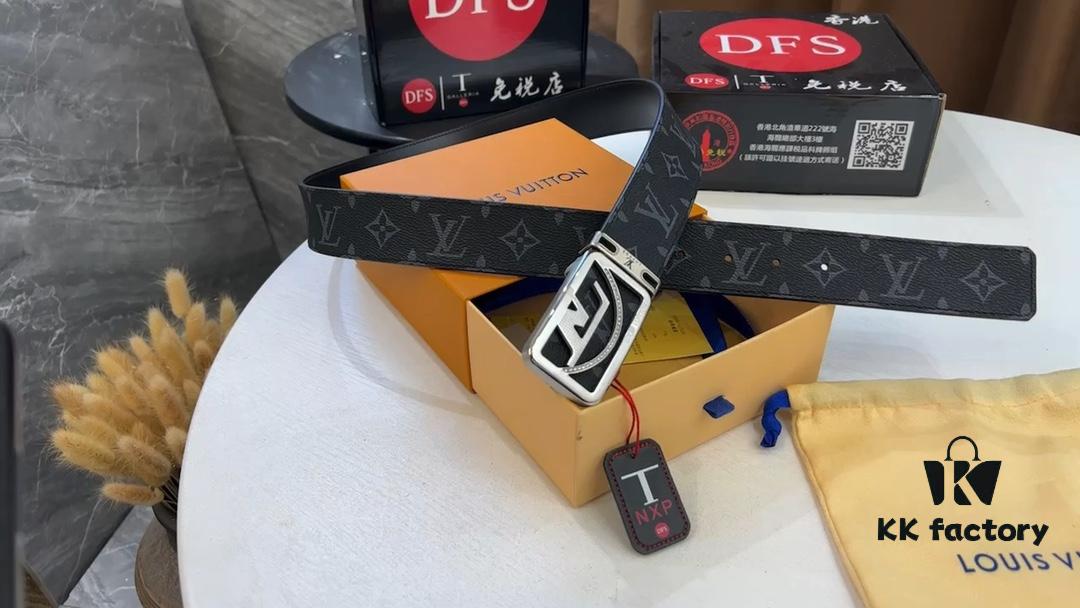 New LV Monogram Leather Belt, Genuine Cowhide with Diamond-Paved Stainless Steel Hardware, Fashionable Casual Style