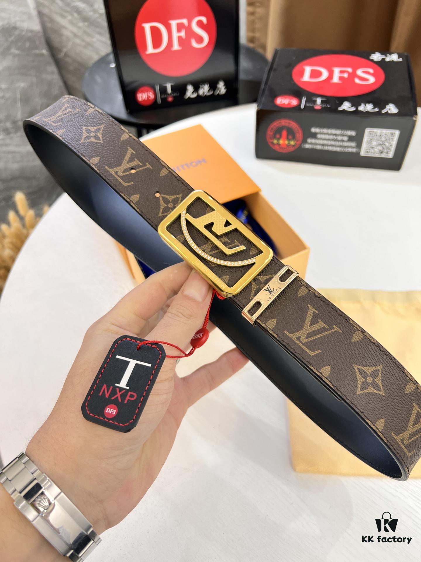 LV Men's Belt, Latest Style, ZP Molded, Thickened Stainless Steel Buckle with Diamond Inlay, 4.0cm Width, Genuine Cowhide Leather