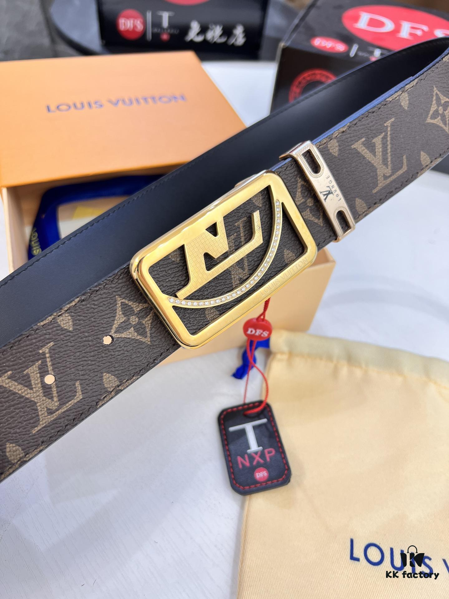 LV Men's Belt, Latest Style, ZP Molded, Thickened Stainless Steel Buckle with Diamond Inlay, 4.0cm Width, Genuine Cowhide Leather