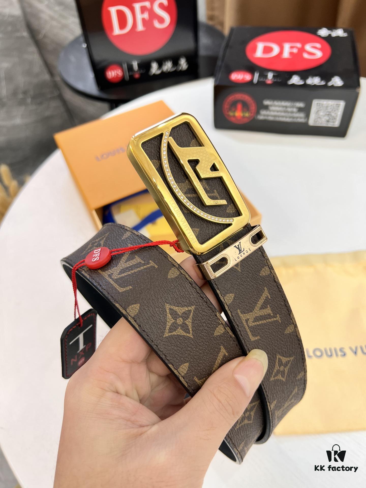 LV Men's Belt, Latest Style, ZP Molded, Thickened Stainless Steel Buckle with Diamond Inlay, 4.0cm Width, Genuine Cowhide Leather