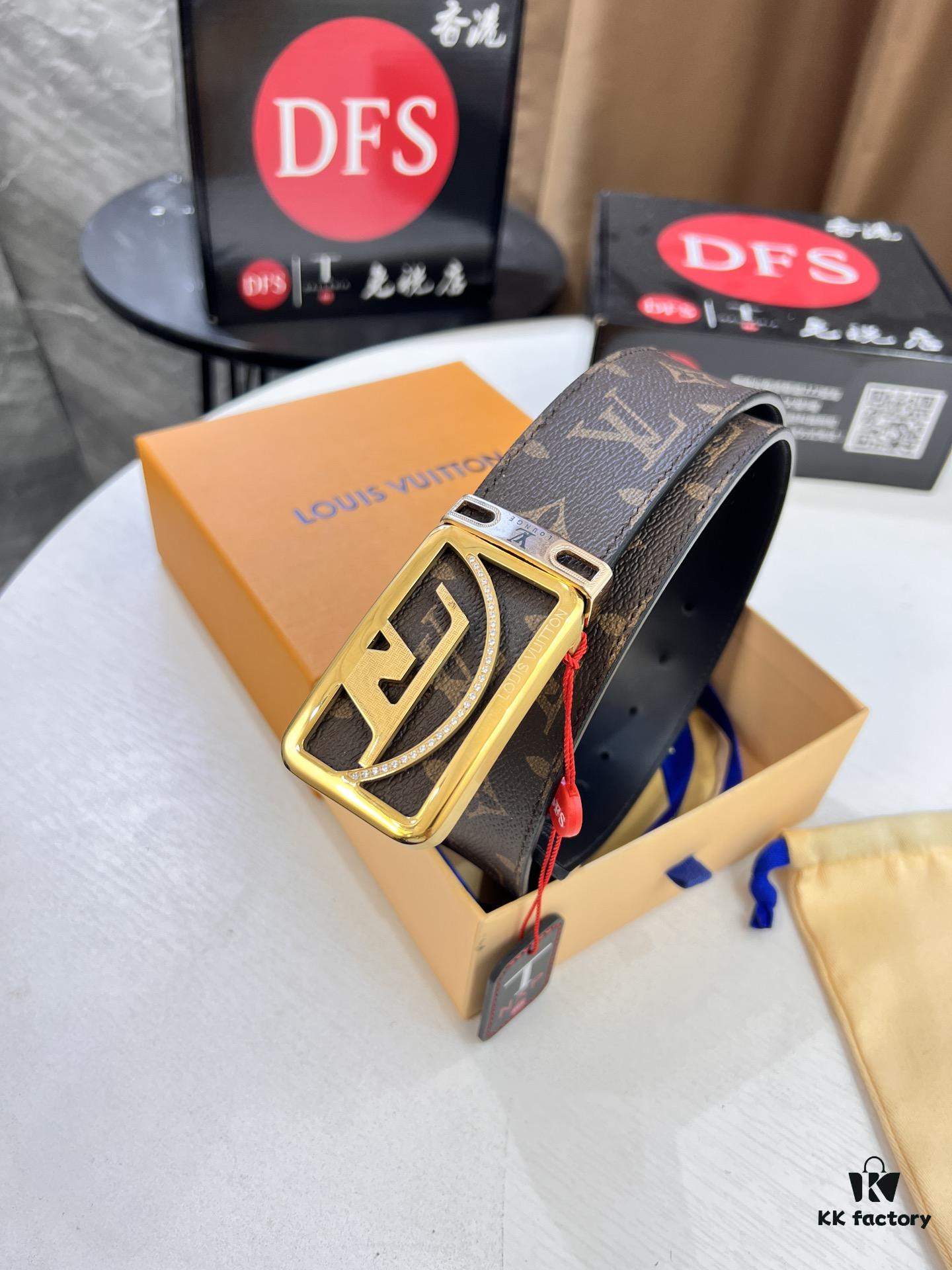 LV Men's Belt, Latest Style, ZP Molded, Thickened Stainless Steel Buckle with Diamond Inlay, 4.0cm Width, Genuine Cowhide Leather