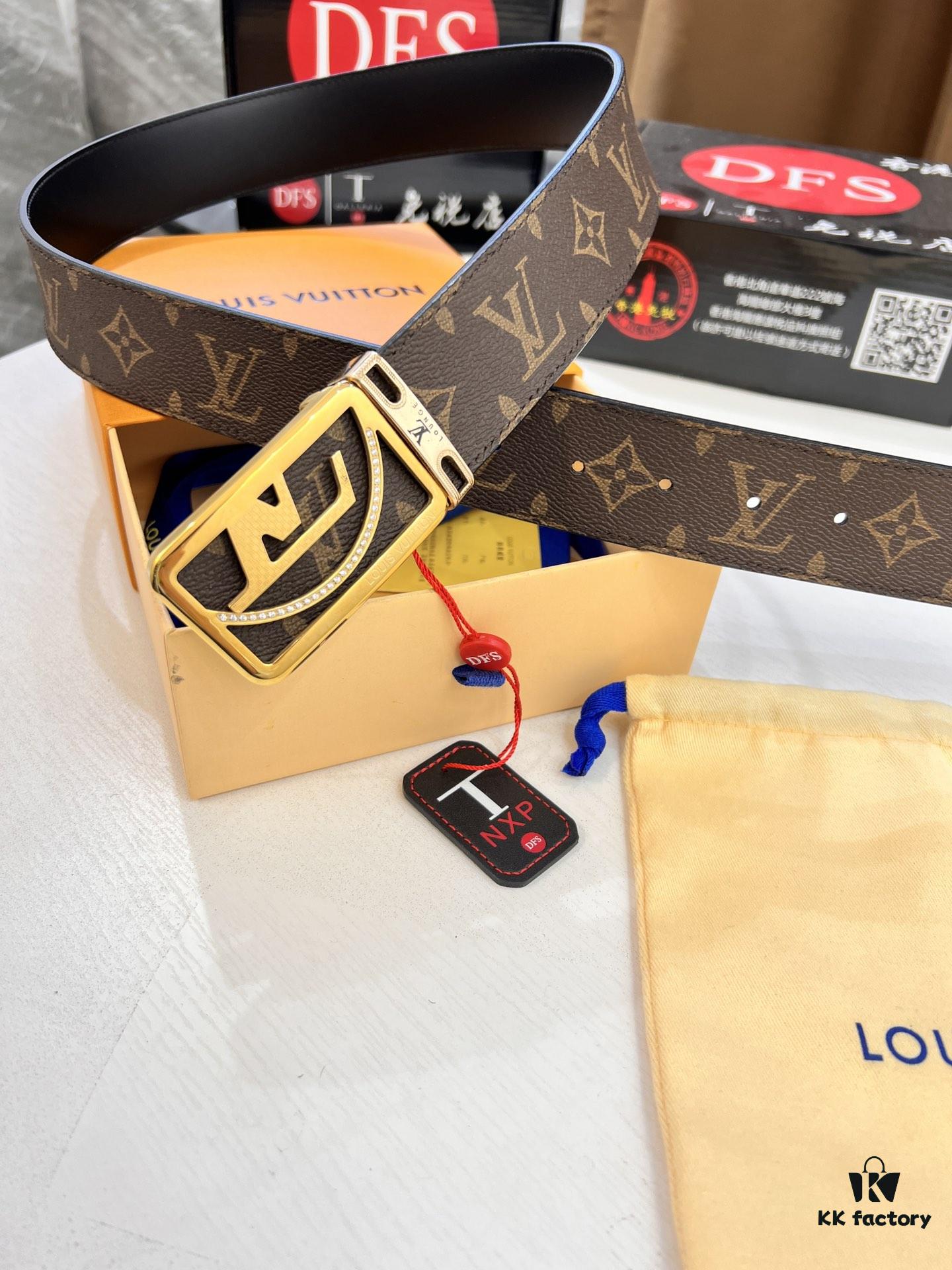 LV Men's Belt, Latest Style, ZP Molded, Thickened Stainless Steel Buckle with Diamond Inlay, 4.0cm Width, Genuine Cowhide Leather