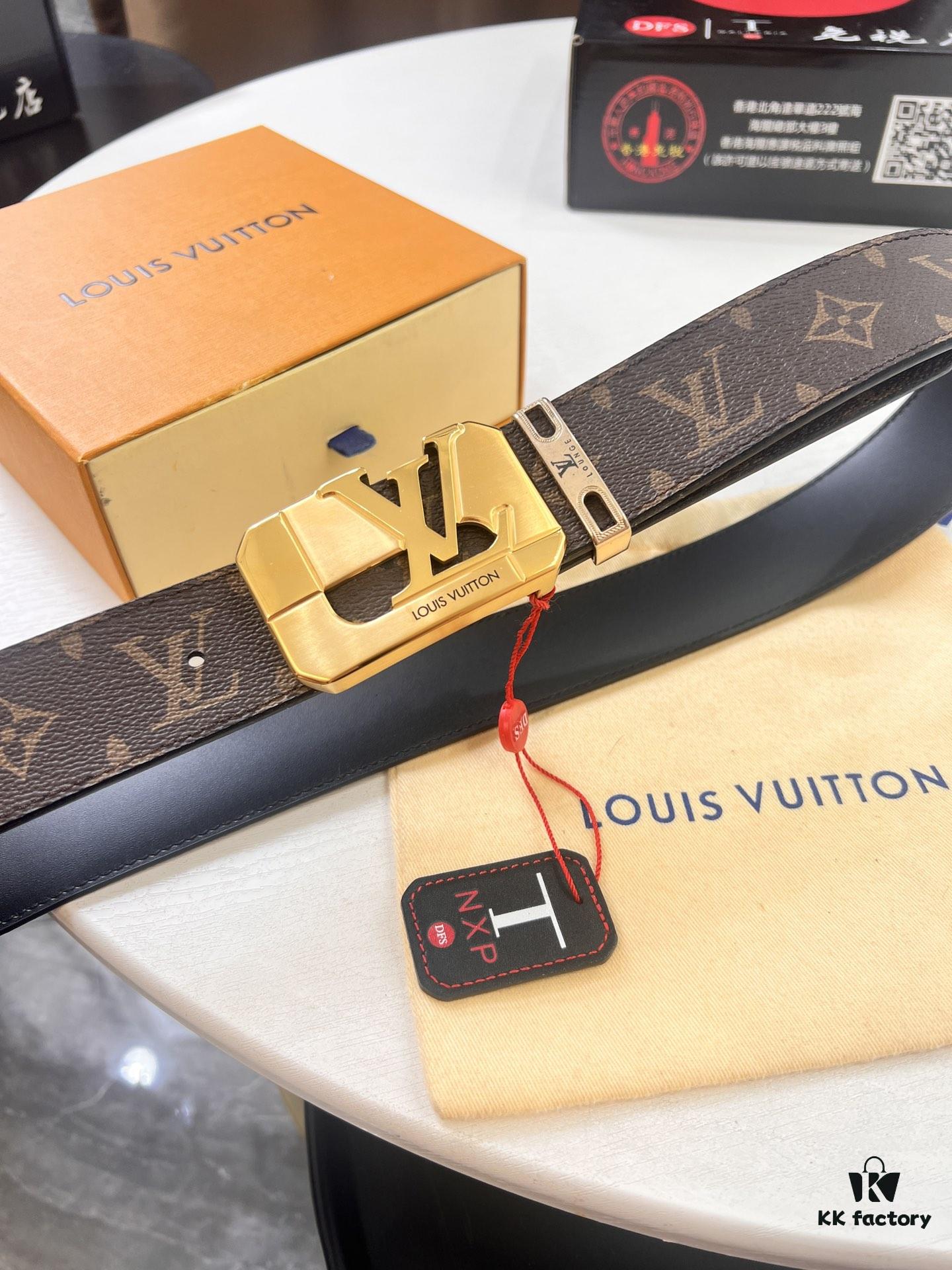 LV Men's Belt, New Style, Checkered Imported Fabric, Genuine Cowhide, Official Website Version, Luxury Custom Leather, 3.8cm Width